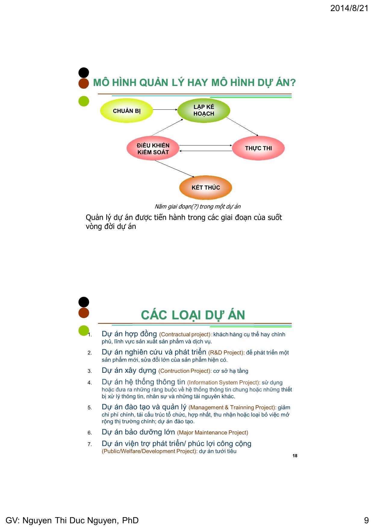 Bài giảng Quản lý dự án - Chương 1: Mở đầu - Nguyễn Thị Đức Nguyên trang 9