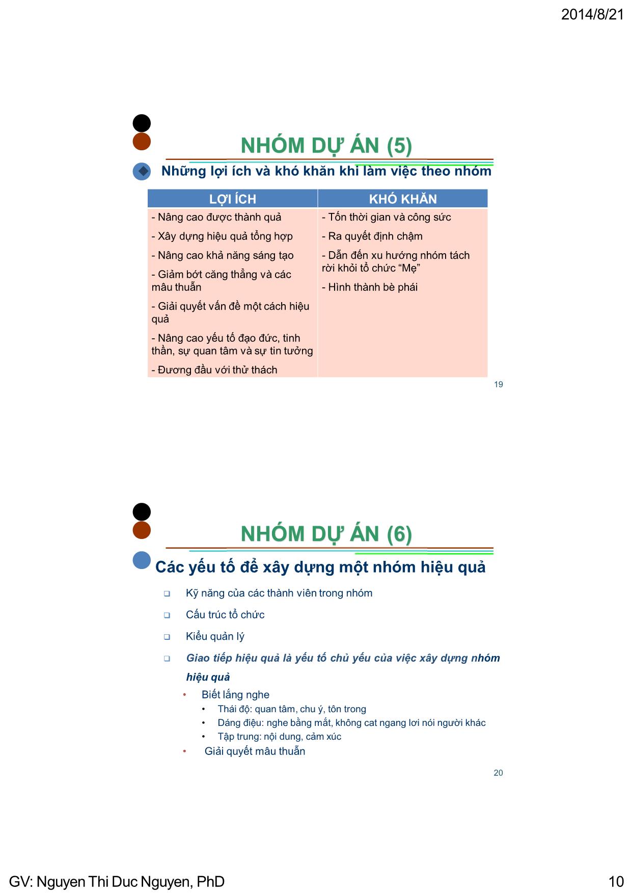 Bài giảng Quản lý dự án - Chương 3: Tổ chức dự án & các vấn đề trong quản lý dự án - Nguyễn Thị Đức Nguyên trang 10