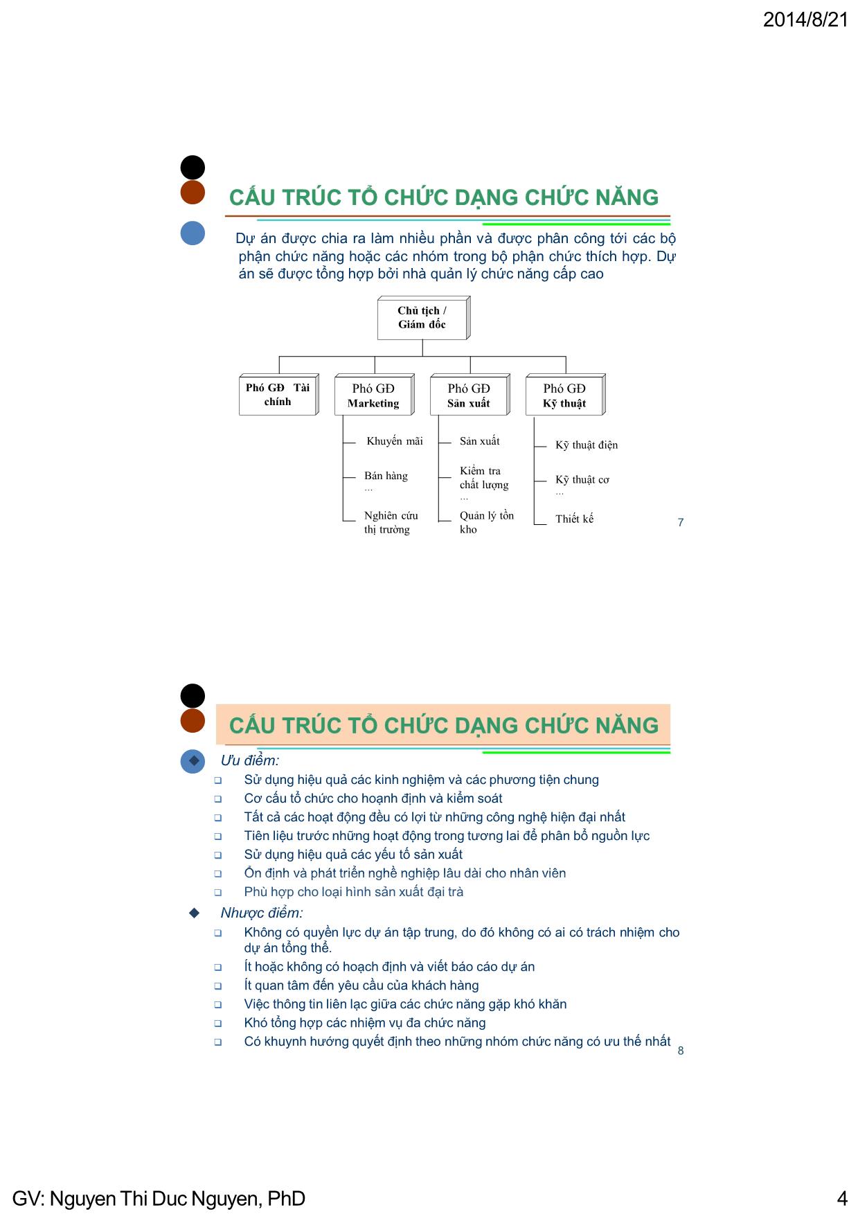 Bài giảng Quản lý dự án - Chương 3: Tổ chức dự án & các vấn đề trong quản lý dự án - Nguyễn Thị Đức Nguyên trang 4