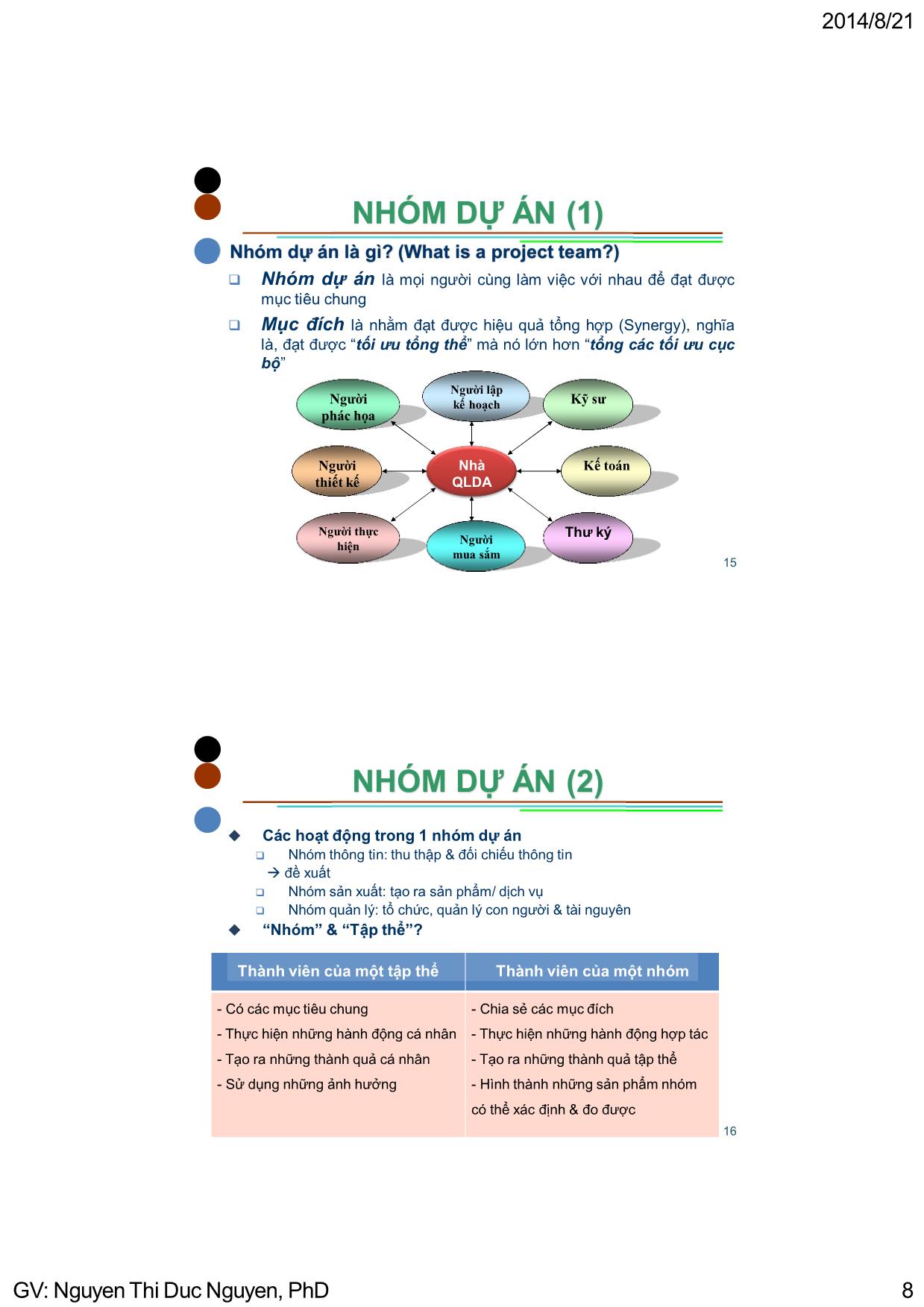 Bài giảng Quản lý dự án - Chương 3: Tổ chức dự án & các vấn đề trong quản lý dự án - Nguyễn Thị Đức Nguyên trang 8