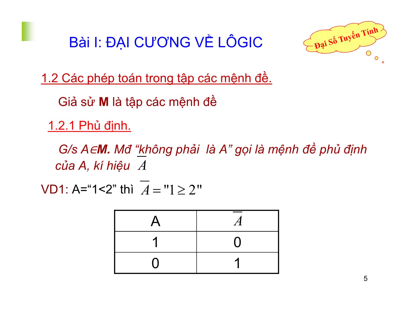 Bài giảng Đại số tuyến tính - Chương I: Logic. Tập hợp. Ánh xạ. Số phức - Nguyễn Hải Sơn trang 5