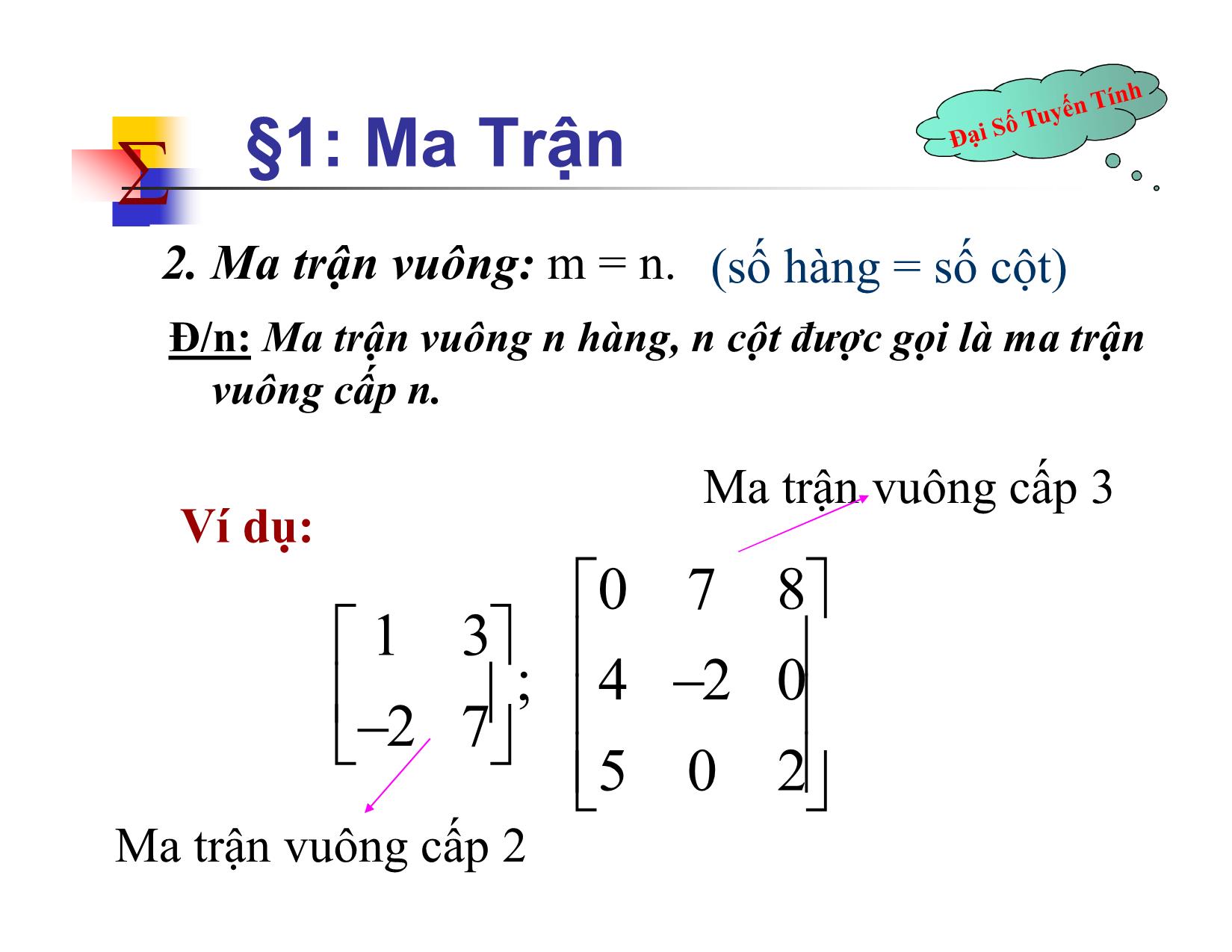 Bài giảng Đại số tuyến tính - Chương II: Ma trận. Định thức. Hệ phương trình tuyến tính - Bài 1: Ma trận - Nguyễn Hải Sơn trang 7