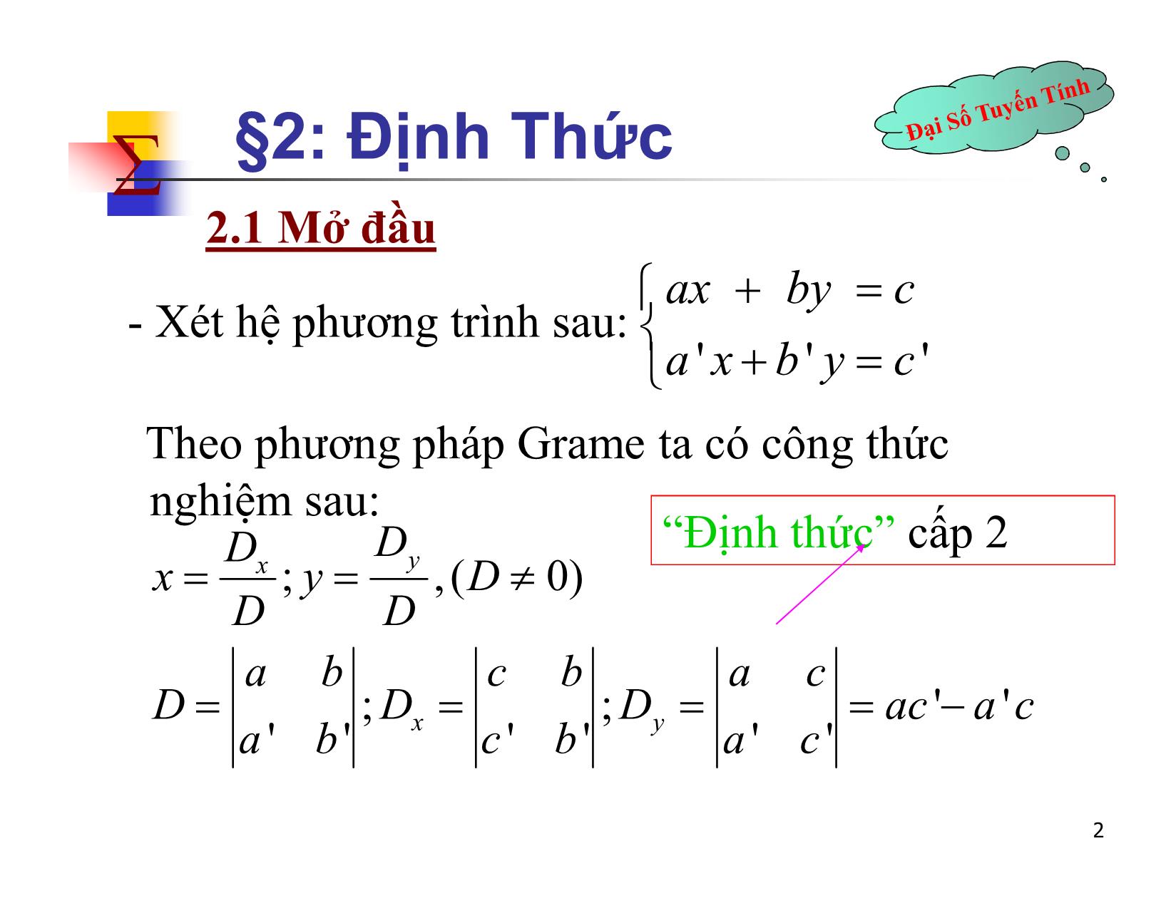 Bài giảng Đại số tuyến tính - Chương II: Ma trận. Định thức. Hệ phương trình tuyến tính - Bài 2: Định thức - Nguyễn Hải Sơn trang 2