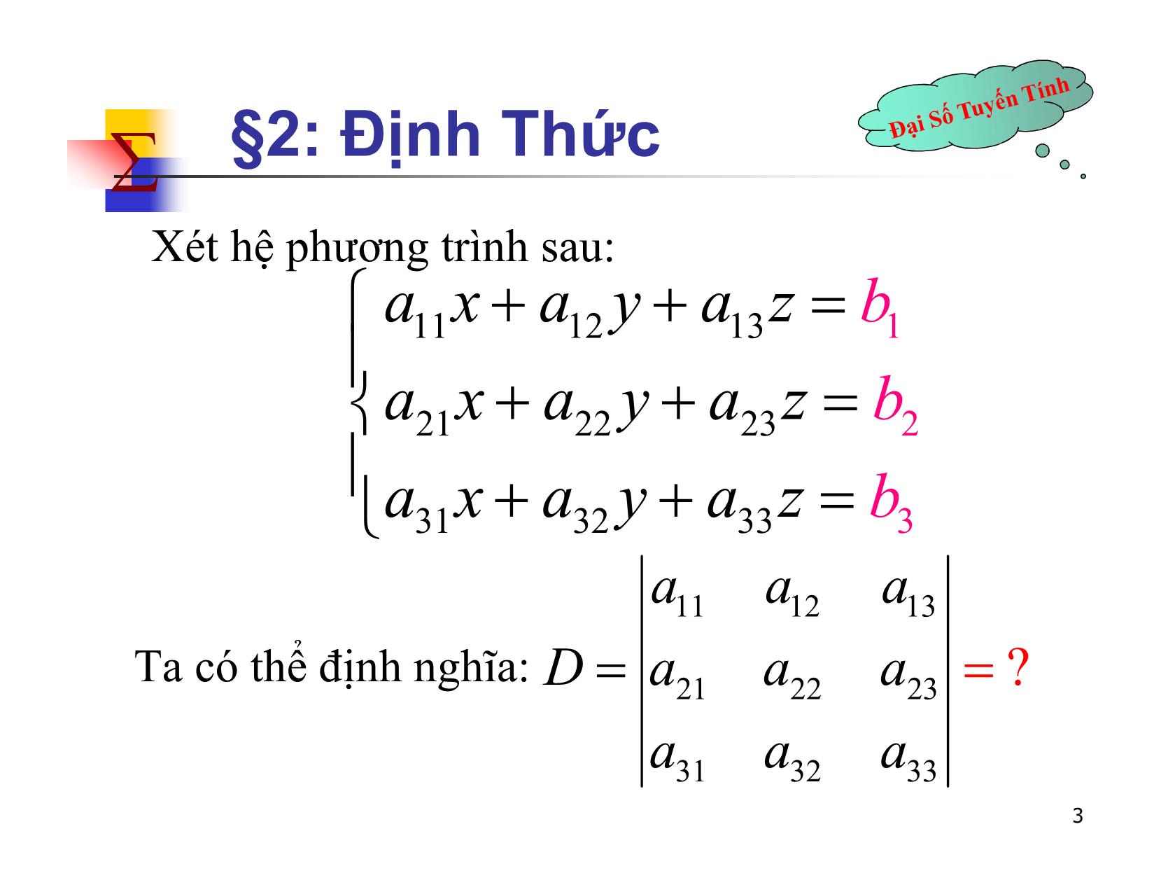 Bài giảng Đại số tuyến tính - Chương II: Ma trận. Định thức. Hệ phương trình tuyến tính - Bài 2: Định thức - Nguyễn Hải Sơn trang 3