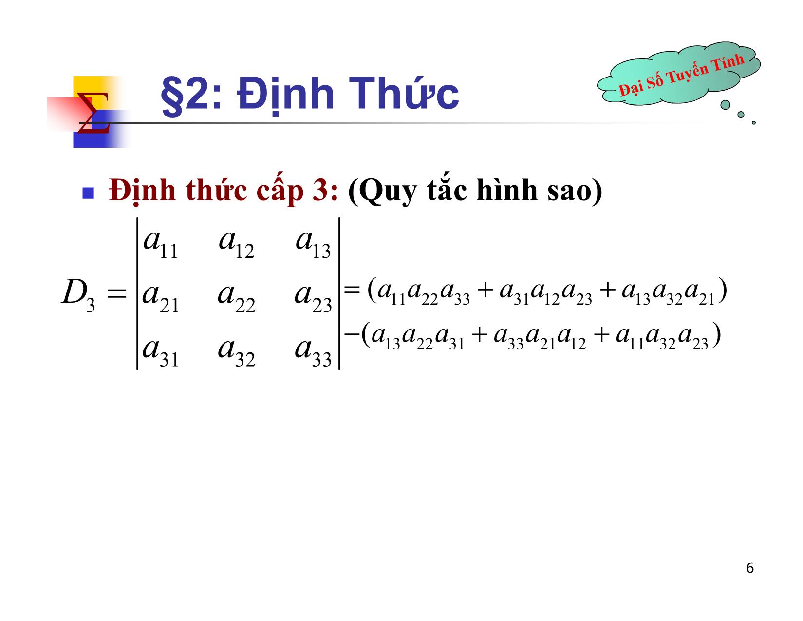 Bài giảng Đại số tuyến tính - Chương II: Ma trận. Định thức. Hệ phương trình tuyến tính - Bài 2: Định thức - Nguyễn Hải Sơn trang 6