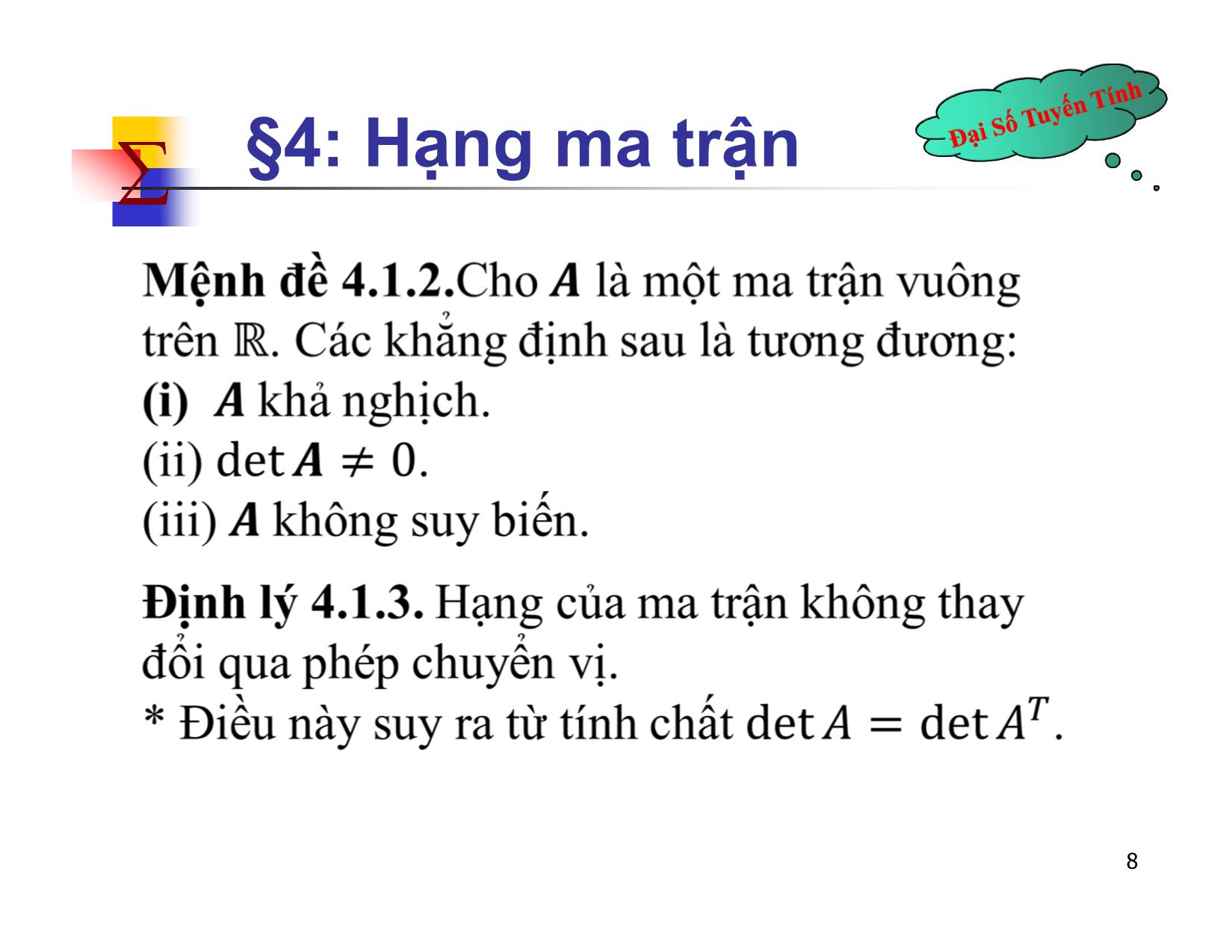 Bài giảng Đại số tuyến tính - Chương II: Ma trận. Định thức. Hệ phương trình tuyến tính - Bài 4: Hạng ma trận - Nguyễn Hải Sơn trang 8