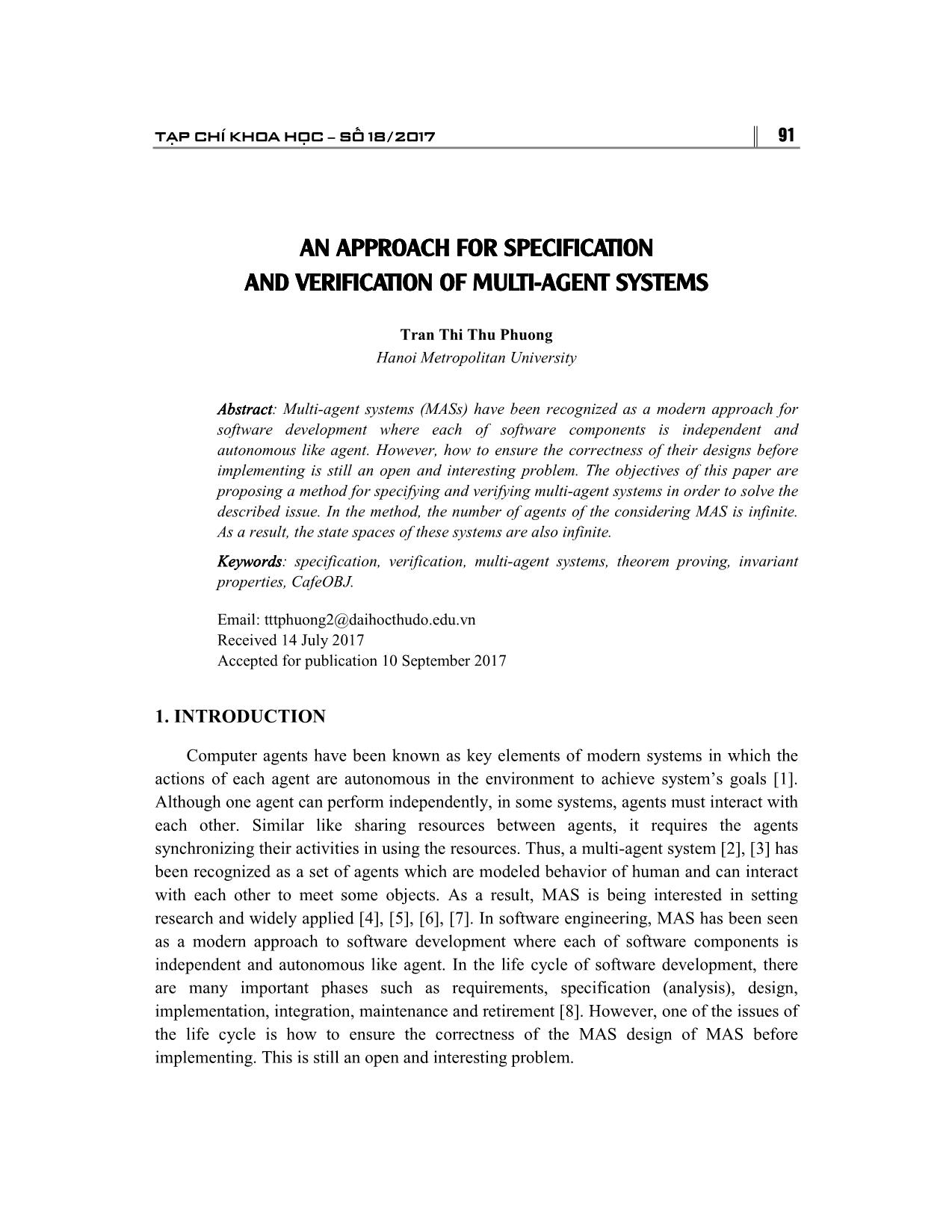 An approach for specification and verification of multi-agent systems trang 1