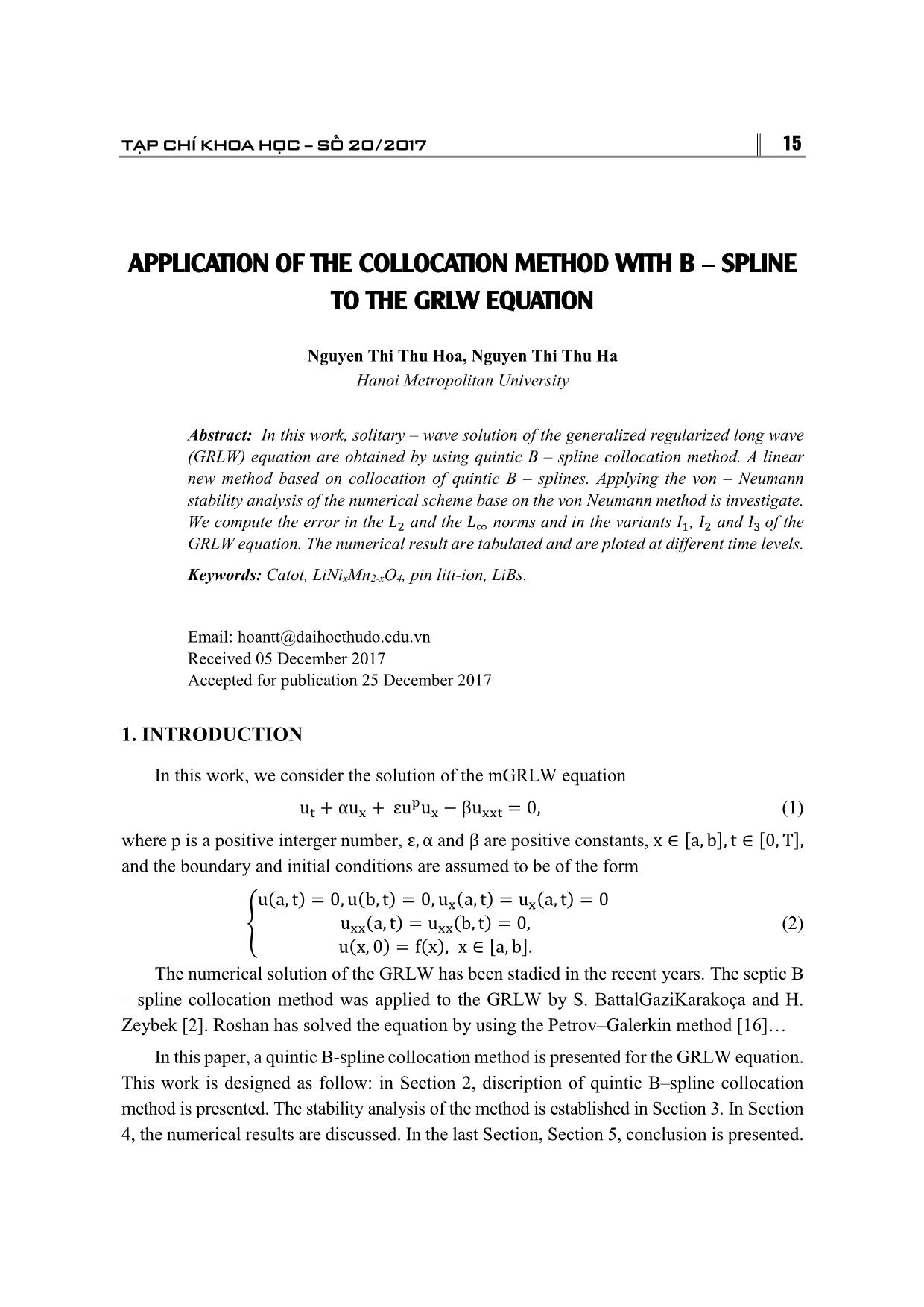 Application of the collocation method with B-spline to the grlw equation trang 1