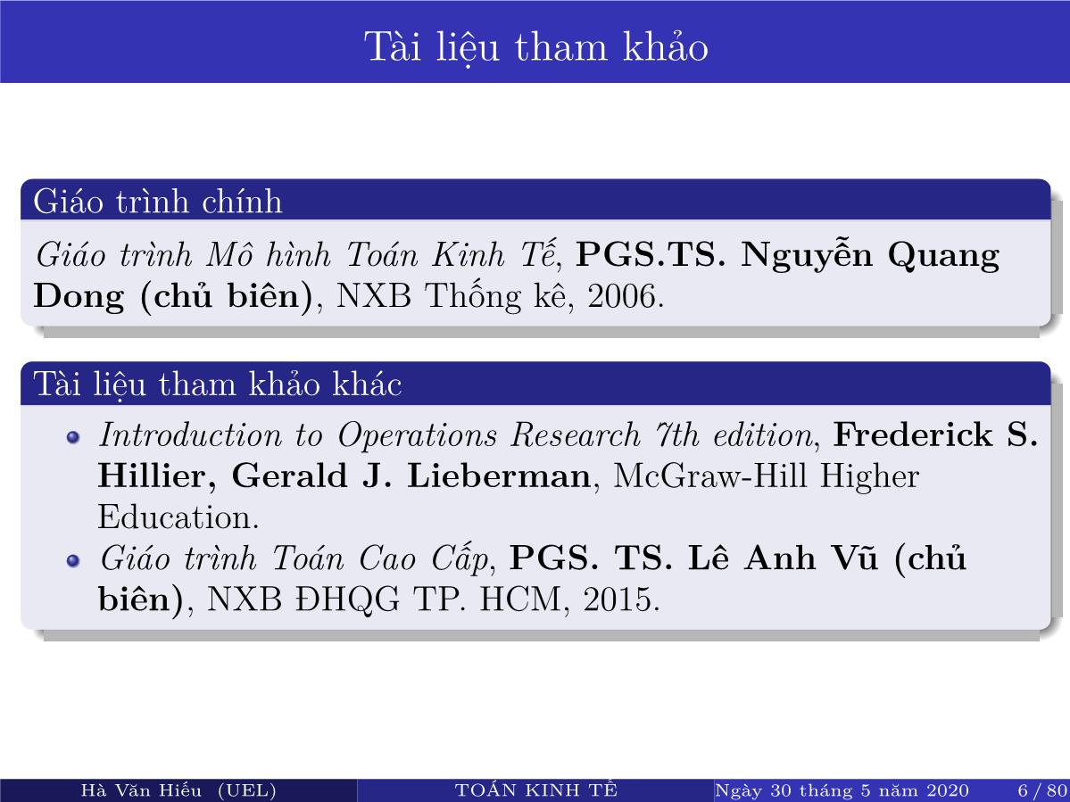 Bài giảng Toán kinh tế - Chương 1: Mô hình toán kinh tế - Phương pháp mô hình - Hà Văn Hiếu trang 7