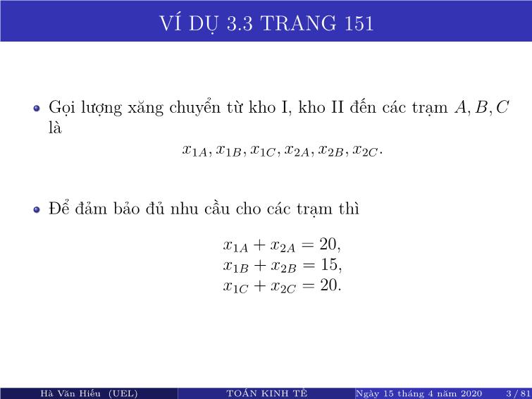 Bài giảng Toán kinh tế - Chương 2: Quy hoạch tuyến tính, ứng dụng trong kinh tế - Hà Văn Hiếu trang 4