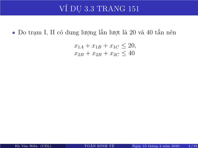 Bài giảng Toán kinh tế - Chương 2: Quy hoạch tuyến tính, ứng dụng trong kinh tế - Hà Văn Hiếu trang 5