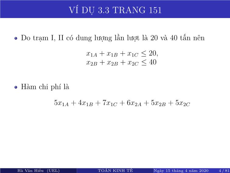 Bài giảng Toán kinh tế - Chương 2: Quy hoạch tuyến tính, ứng dụng trong kinh tế - Hà Văn Hiếu trang 6