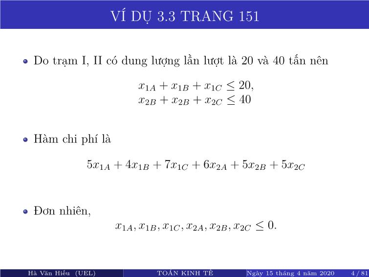 Bài giảng Toán kinh tế - Chương 2: Quy hoạch tuyến tính, ứng dụng trong kinh tế - Hà Văn Hiếu trang 7