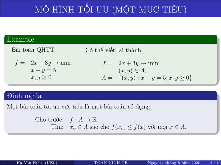 Bài giảng Toán kinh tế - Chương 3: Bài toán tối ưu trong kinh tế - Hà Văn Hiếu trang 3