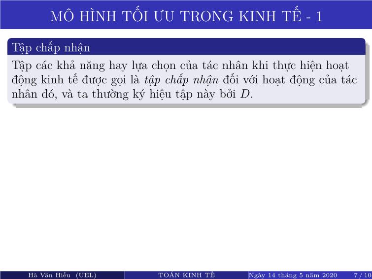 Bài giảng Toán kinh tế - Chương 3: Bài toán tối ưu trong kinh tế - Hà Văn Hiếu trang 7