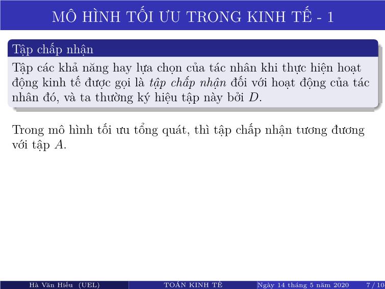 Bài giảng Toán kinh tế - Chương 3: Bài toán tối ưu trong kinh tế - Hà Văn Hiếu trang 8