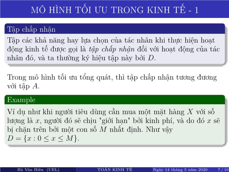 Bài giảng Toán kinh tế - Chương 3: Bài toán tối ưu trong kinh tế - Hà Văn Hiếu trang 9