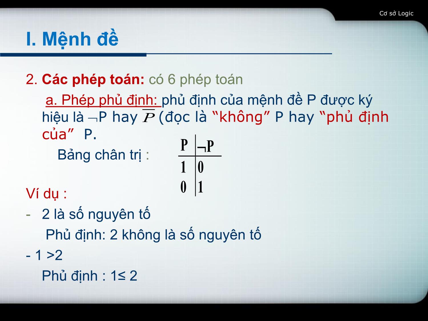 Bài giảng Toán rời rạc 1 - Chương I: Cơ sở logic - Võ Văn Phúc trang 8