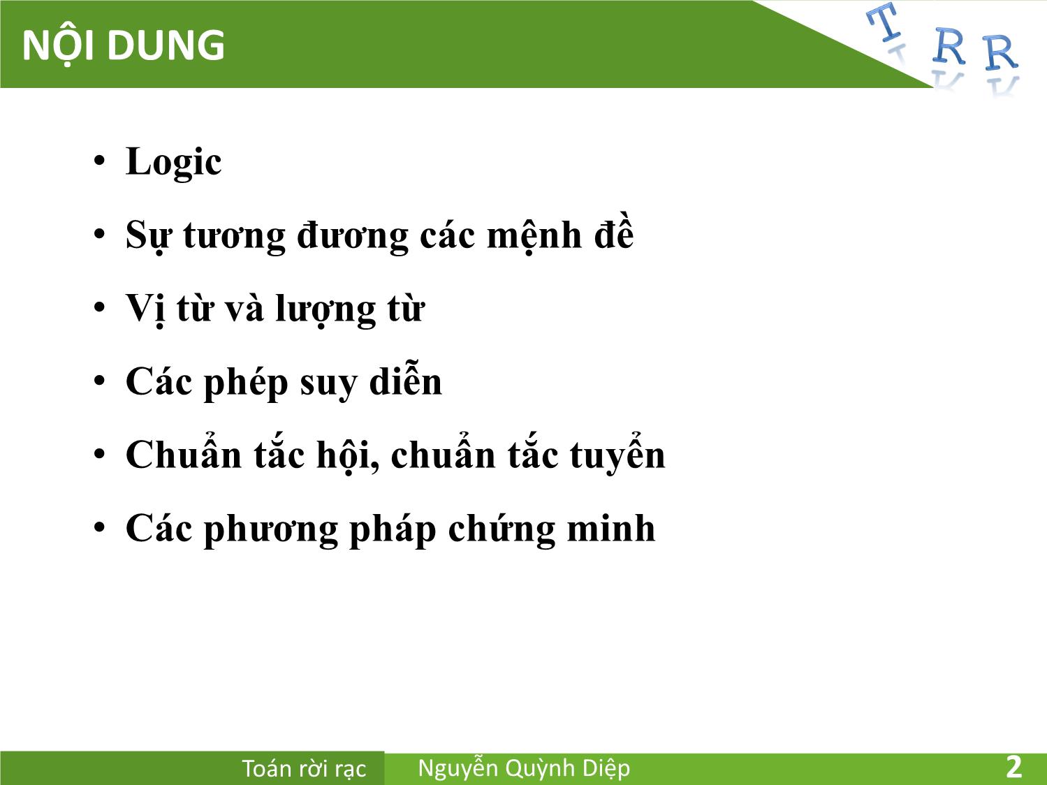 Bài giảng Toán rời rạc - Chương 1: Đại số logic - Nguyễn Quỳnh Diệp trang 2