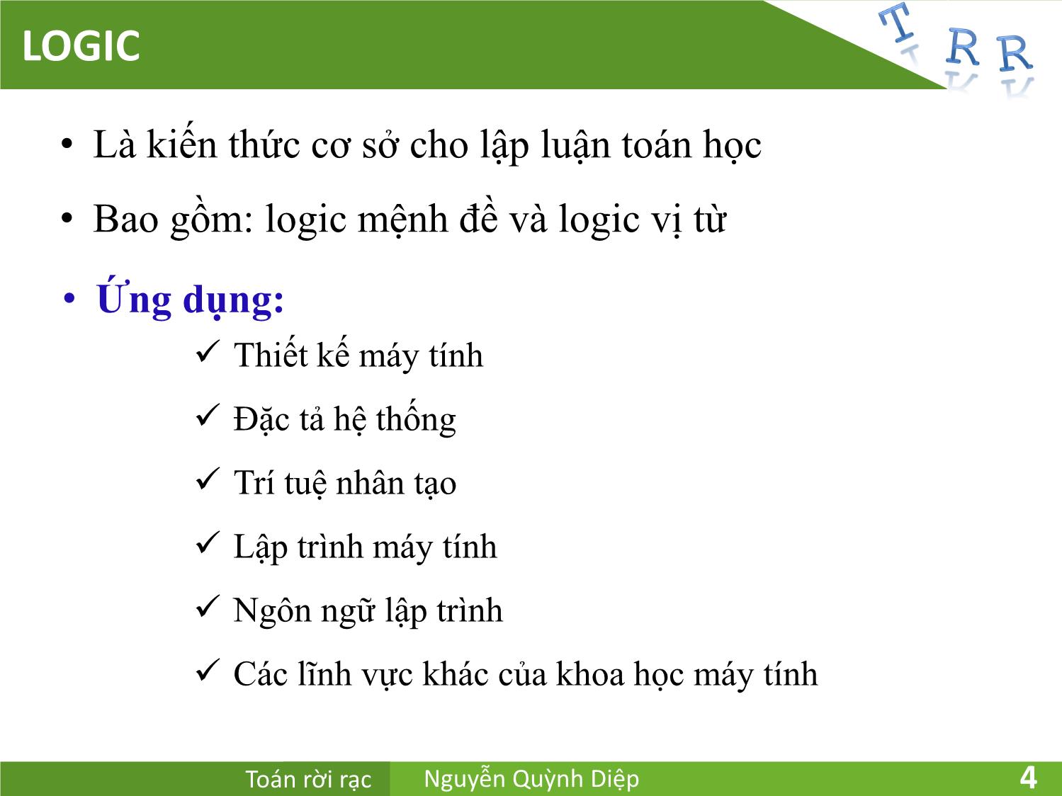 Bài giảng Toán rời rạc - Chương 1: Đại số logic - Nguyễn Quỳnh Diệp trang 4