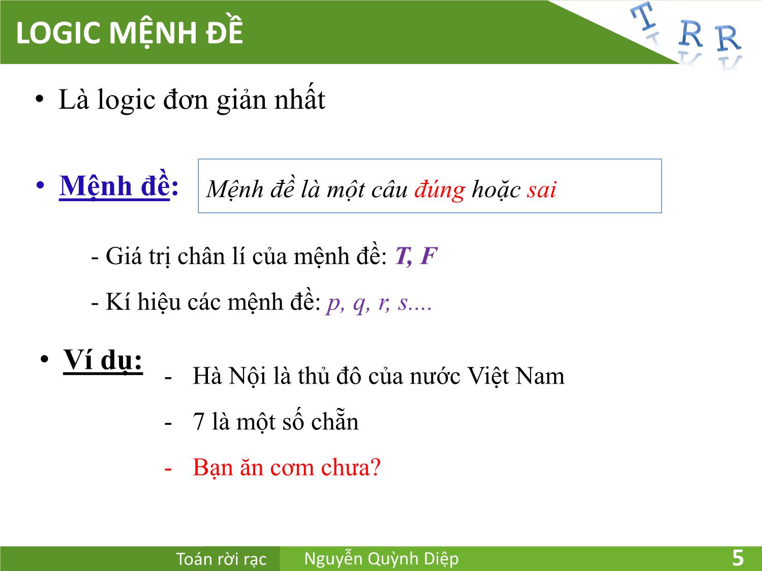 Bài giảng Toán rời rạc - Chương 1: Đại số logic - Nguyễn Quỳnh Diệp trang 5