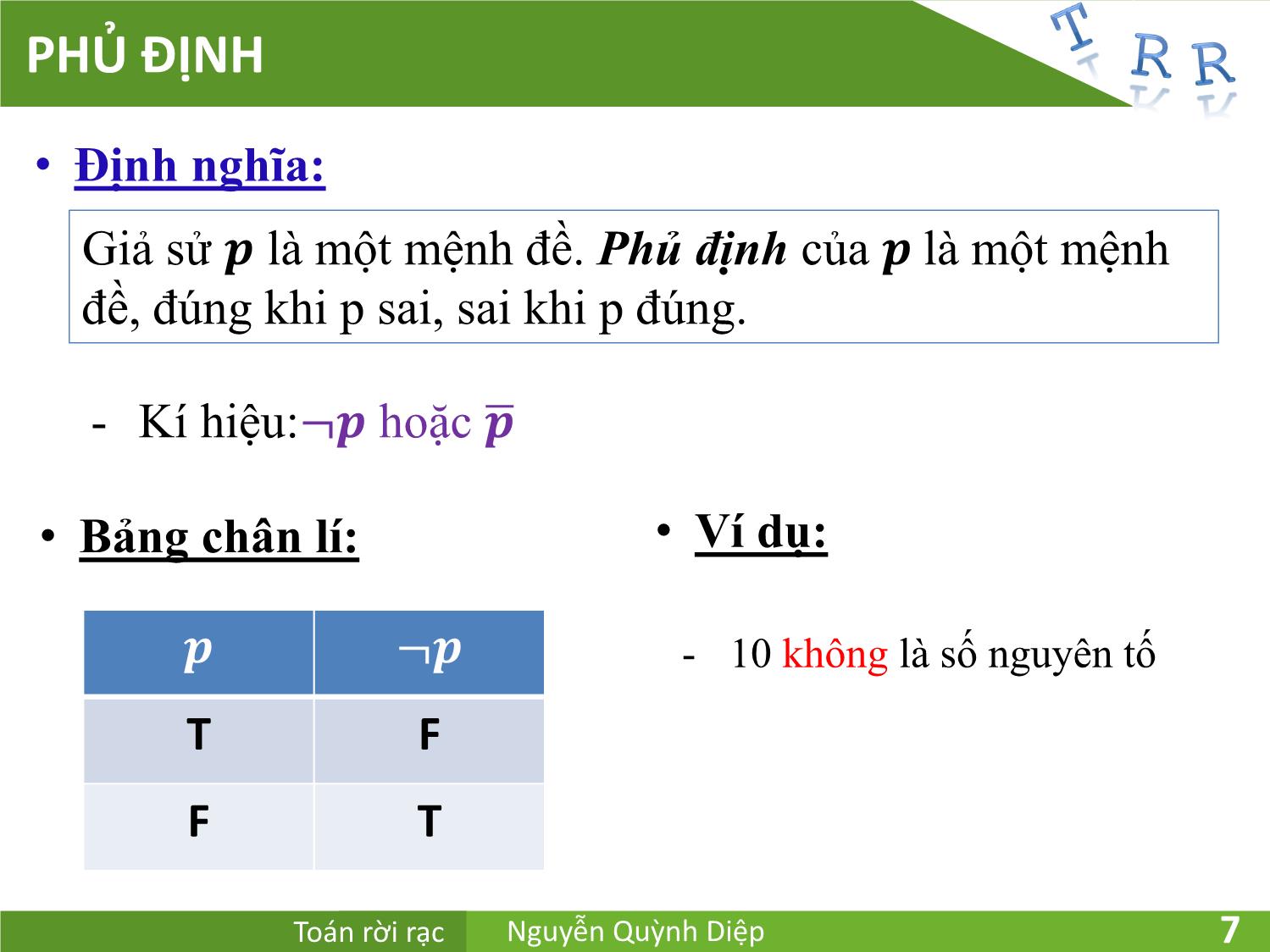 Bài giảng Toán rời rạc - Chương 1: Đại số logic - Nguyễn Quỳnh Diệp trang 7