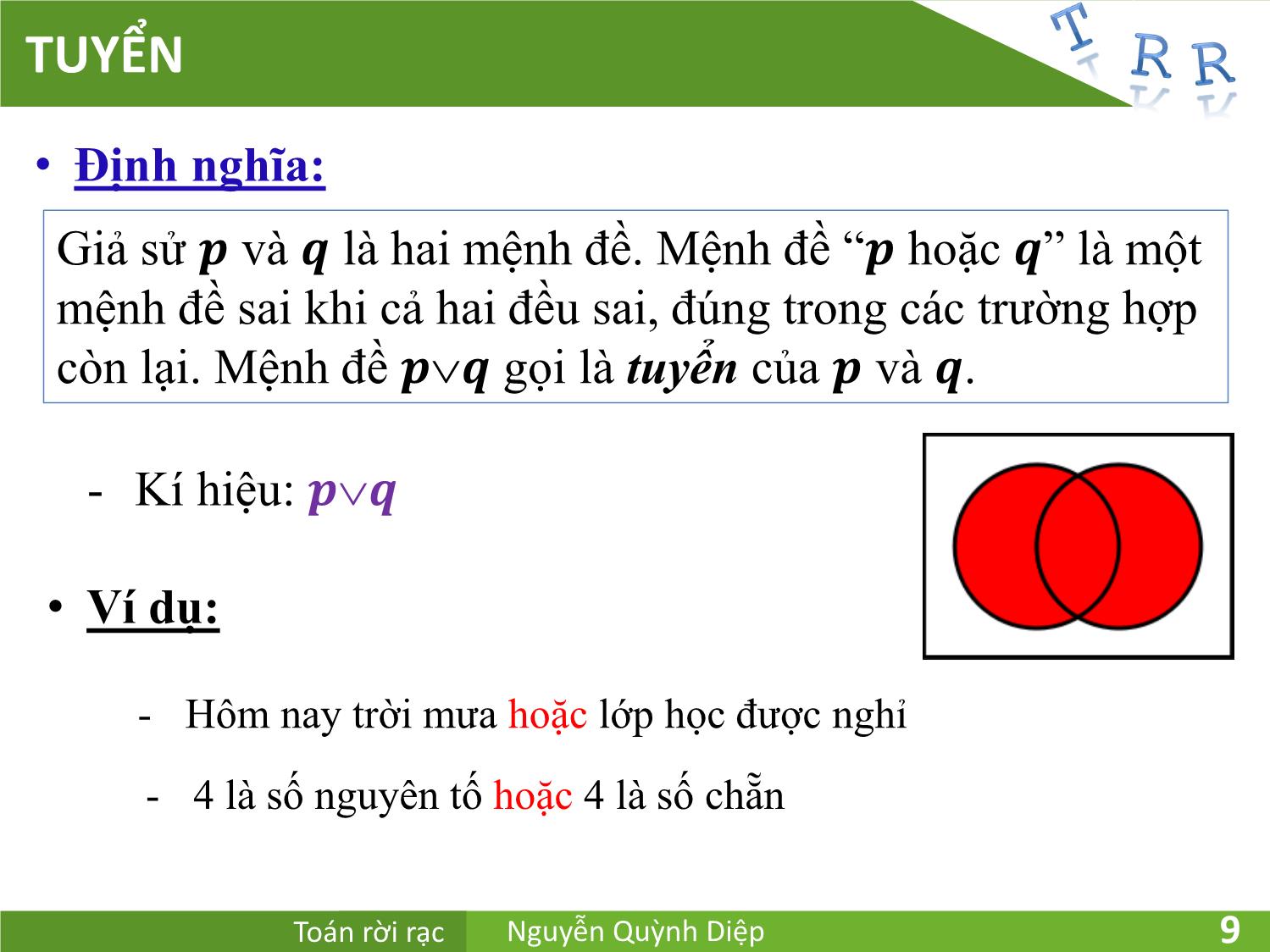 Bài giảng Toán rời rạc - Chương 1: Đại số logic - Nguyễn Quỳnh Diệp trang 9