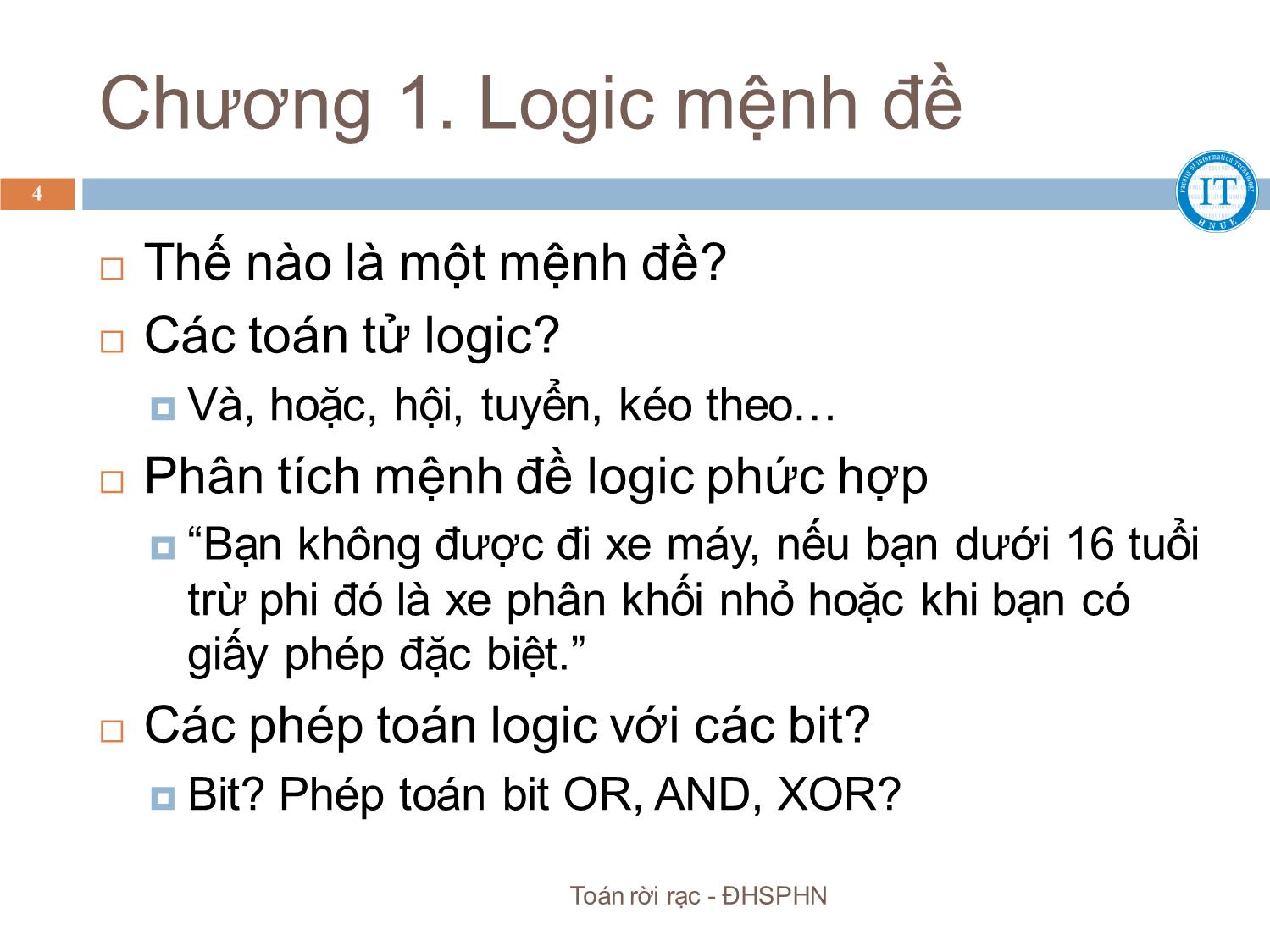 Bài giảng Toán rời rạc - Chương 1: Logic mệnh đề - Bùi Thị Thủy trang 4