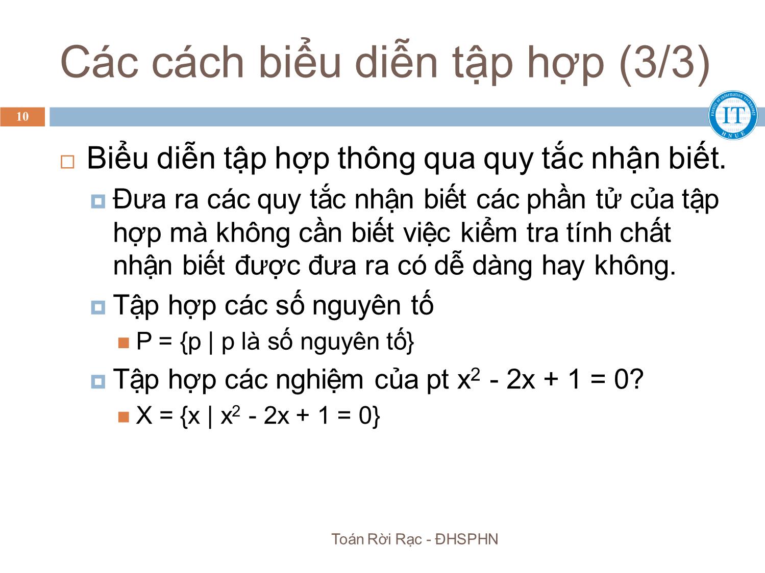 Bài giảng Toán rời rạc - Chương 2: Lý thuyết tập hợp - Bùi Thị Thủy trang 10