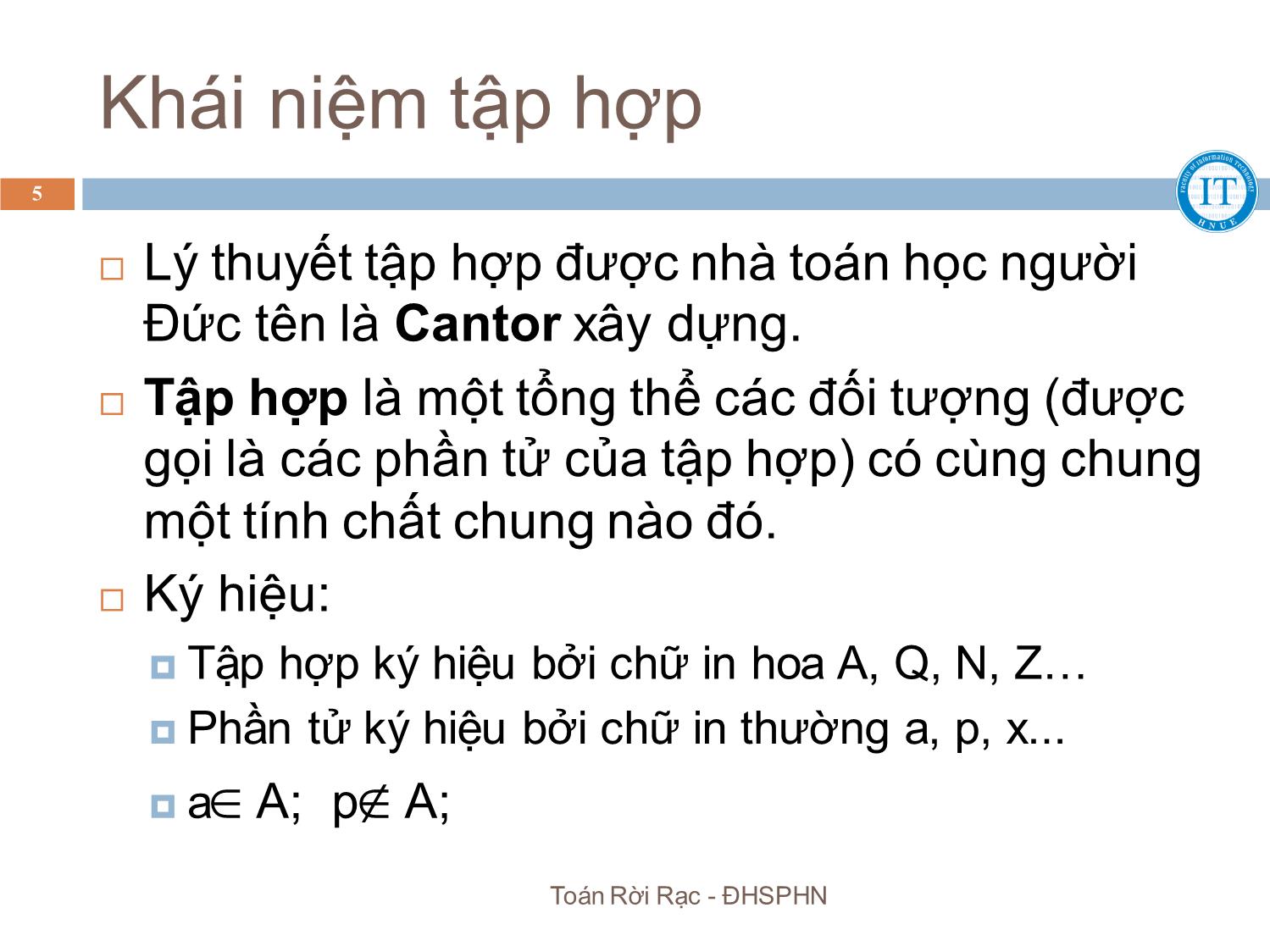 Bài giảng Toán rời rạc - Chương 2: Lý thuyết tập hợp - Bùi Thị Thủy trang 5