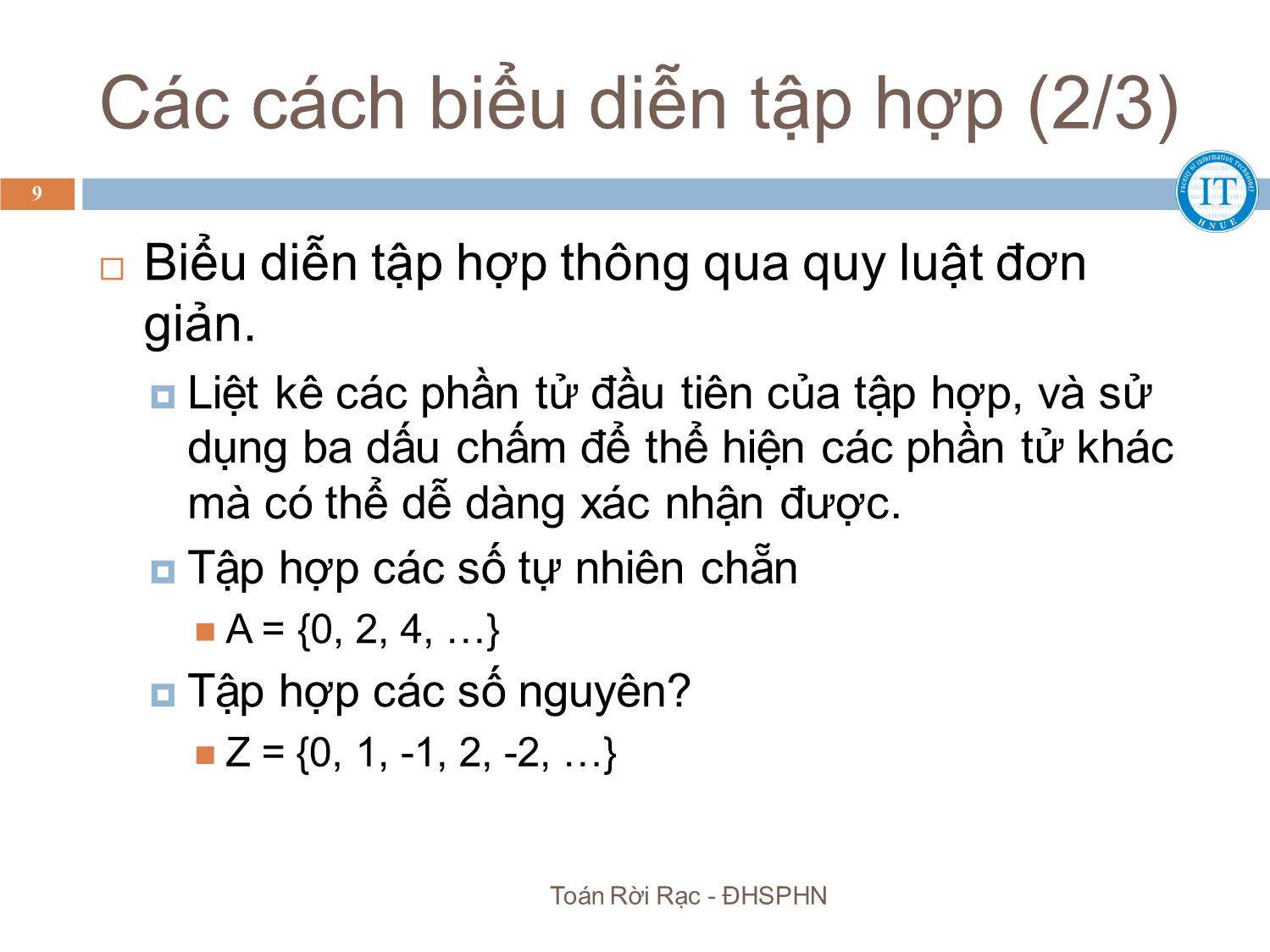 Bài giảng Toán rời rạc - Chương 2: Lý thuyết tập hợp - Bùi Thị Thủy trang 9