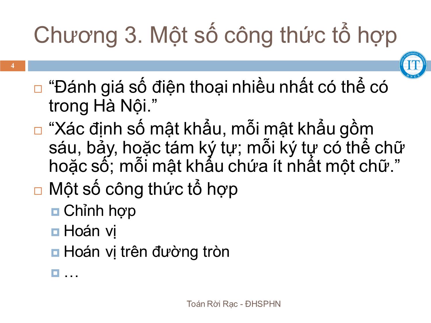 Bài giảng Toán rời rạc - Chương 3: Một số công thức tổ hợp - Bùi Thị Thủy trang 4