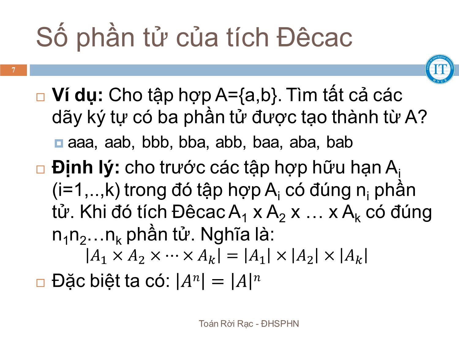 Bài giảng Toán rời rạc - Chương 3: Một số công thức tổ hợp - Bùi Thị Thủy trang 7