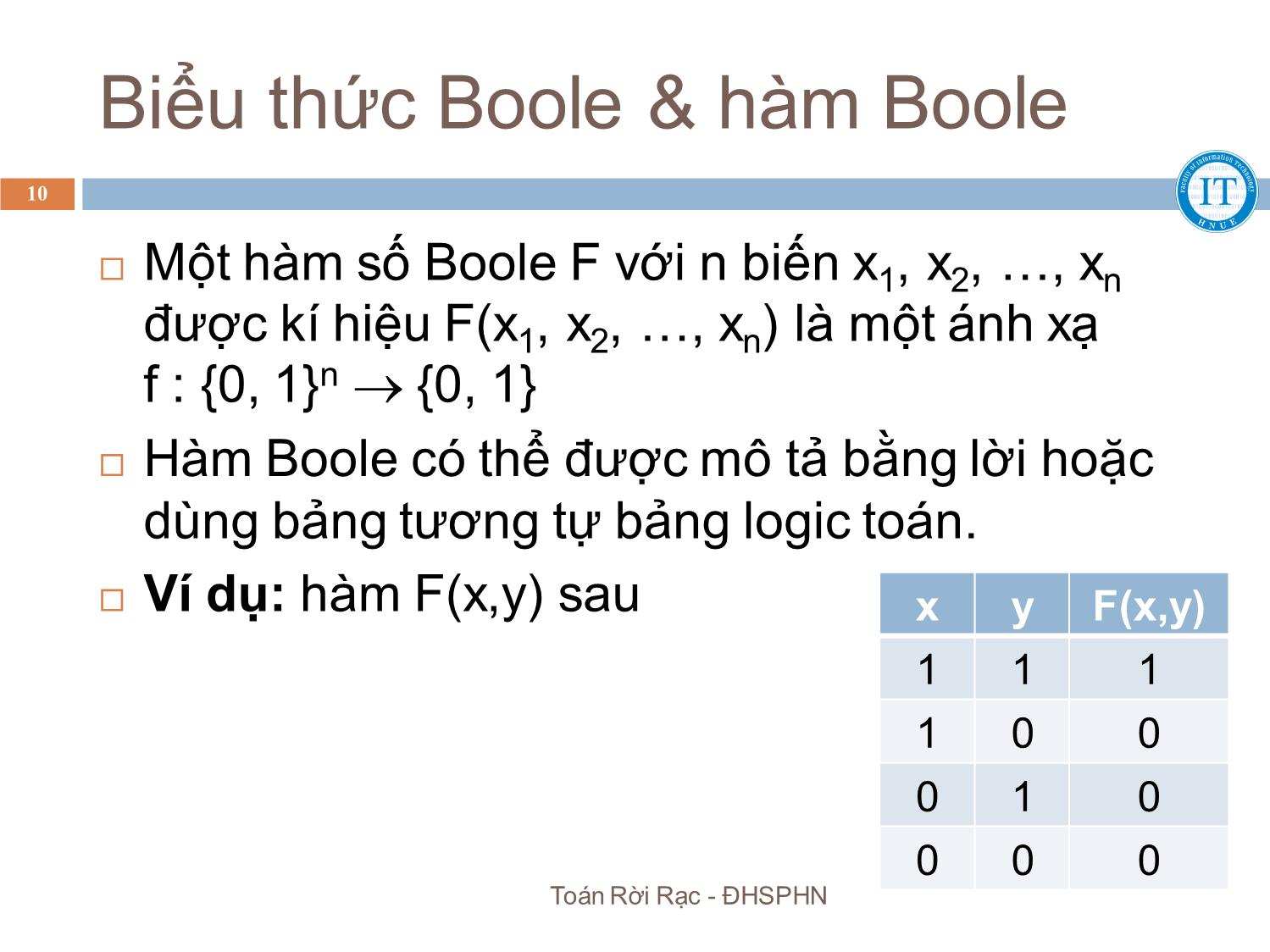 Bài giảng Toán rời rạc - Chương 5: Đại số Boole & cấu trúc mạch logic - Bùi Thị Thủy trang 10