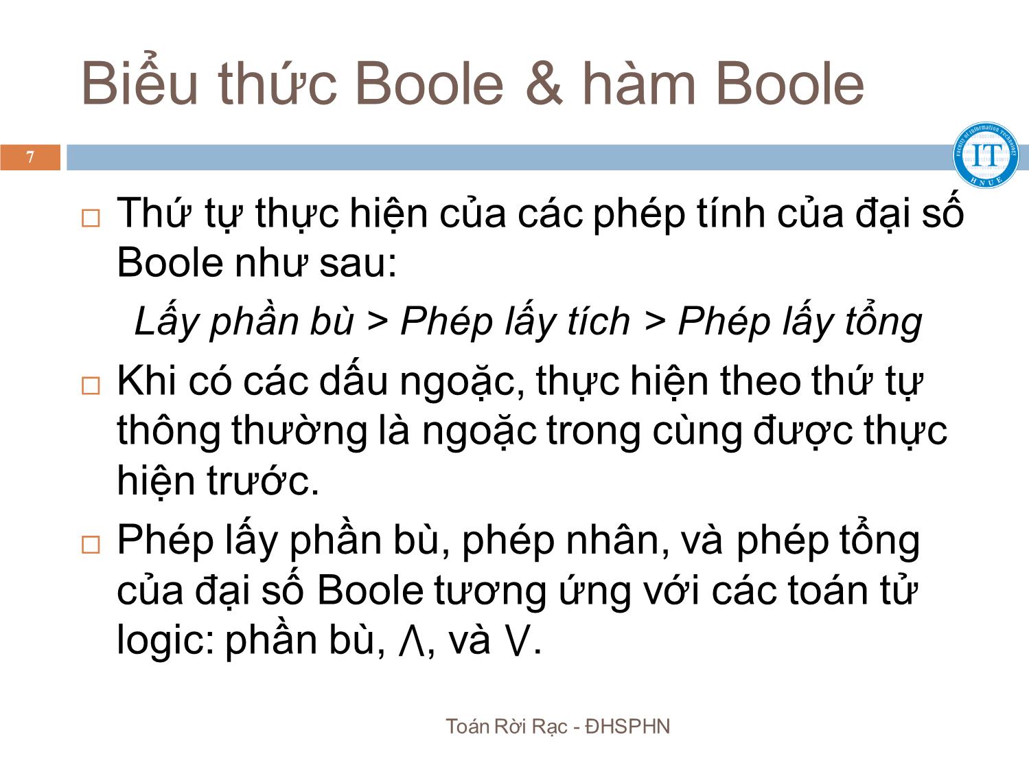 Bài giảng Toán rời rạc - Chương 5: Đại số Boole & cấu trúc mạch logic - Bùi Thị Thủy trang 7