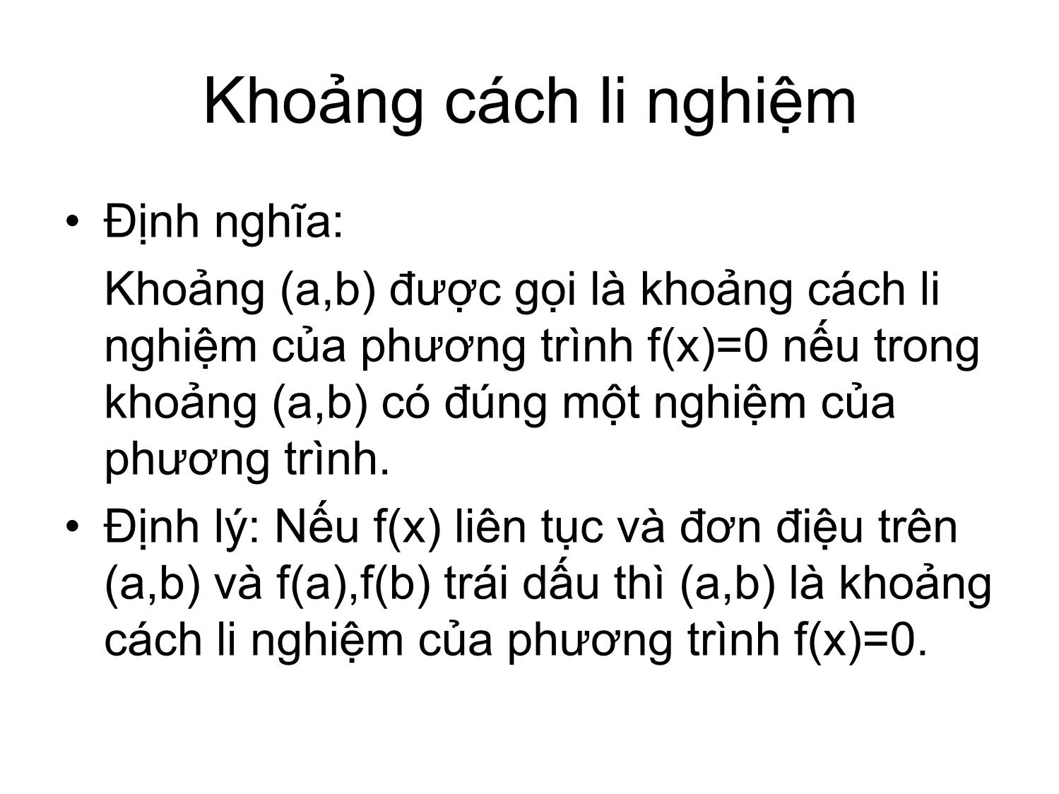 Bài giảng Phương pháp tính - Chương 2: Phương pháp chia đôi giải phương trình f(x)=0 - Hà Thị Ngọc Yến trang 2