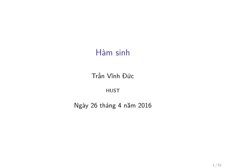 Bài giảng Toán rời rạc - Chương: Hàm sinh - Trần Vĩnh Đức trang 1