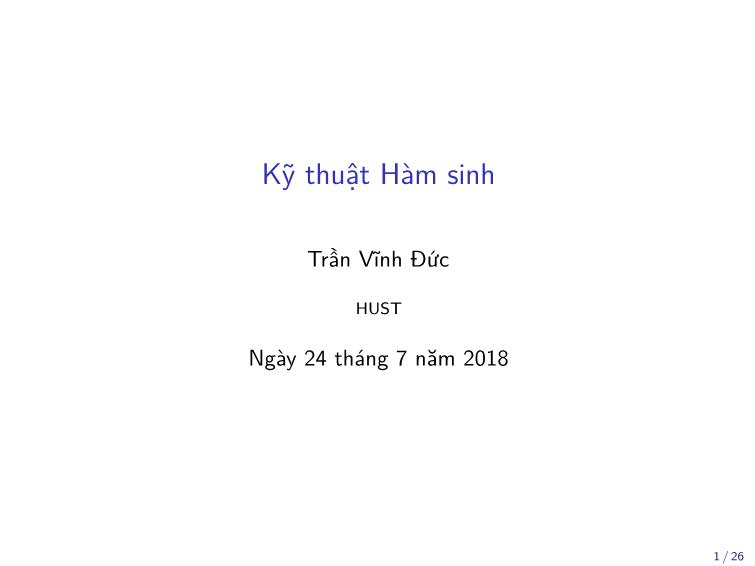 Bài giảng Toán rời rạc - Chương: Kỹ thuật Hàm sinh - Trần Vĩnh Đức trang 1