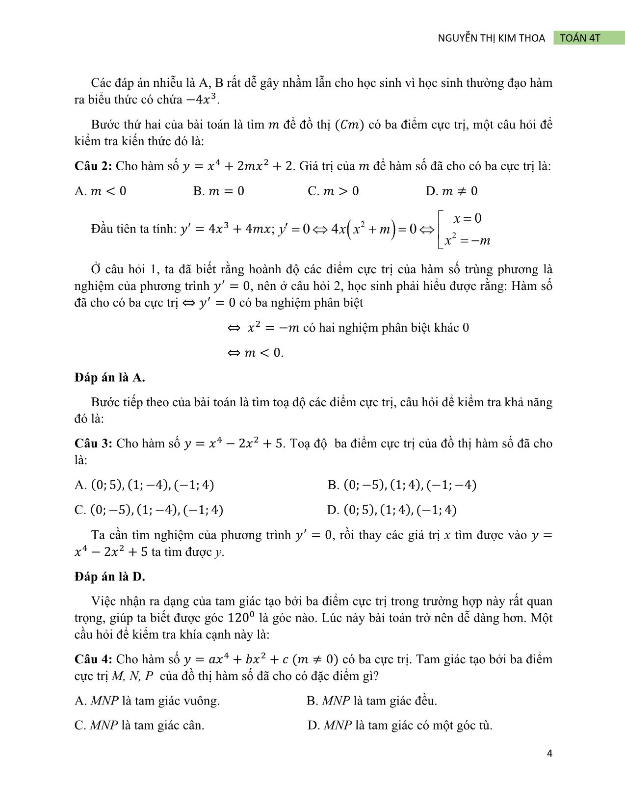 Bài tập lớn Xây dựng câu hỏi trắc nghiệm khách quan từ bài toán tự luận - Chủ đề: Câu hỏi phụ khảo sát hàm số trang 4