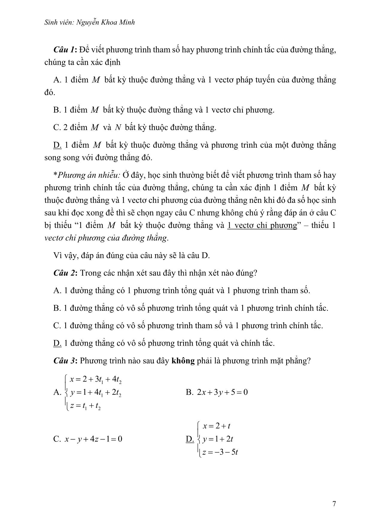 Cách viết câu hỏi trắc nghiệm khách quan từ câu hỏi truyền thống - Chủ đề: Phương trình đường thẳng trong không gian trang 8