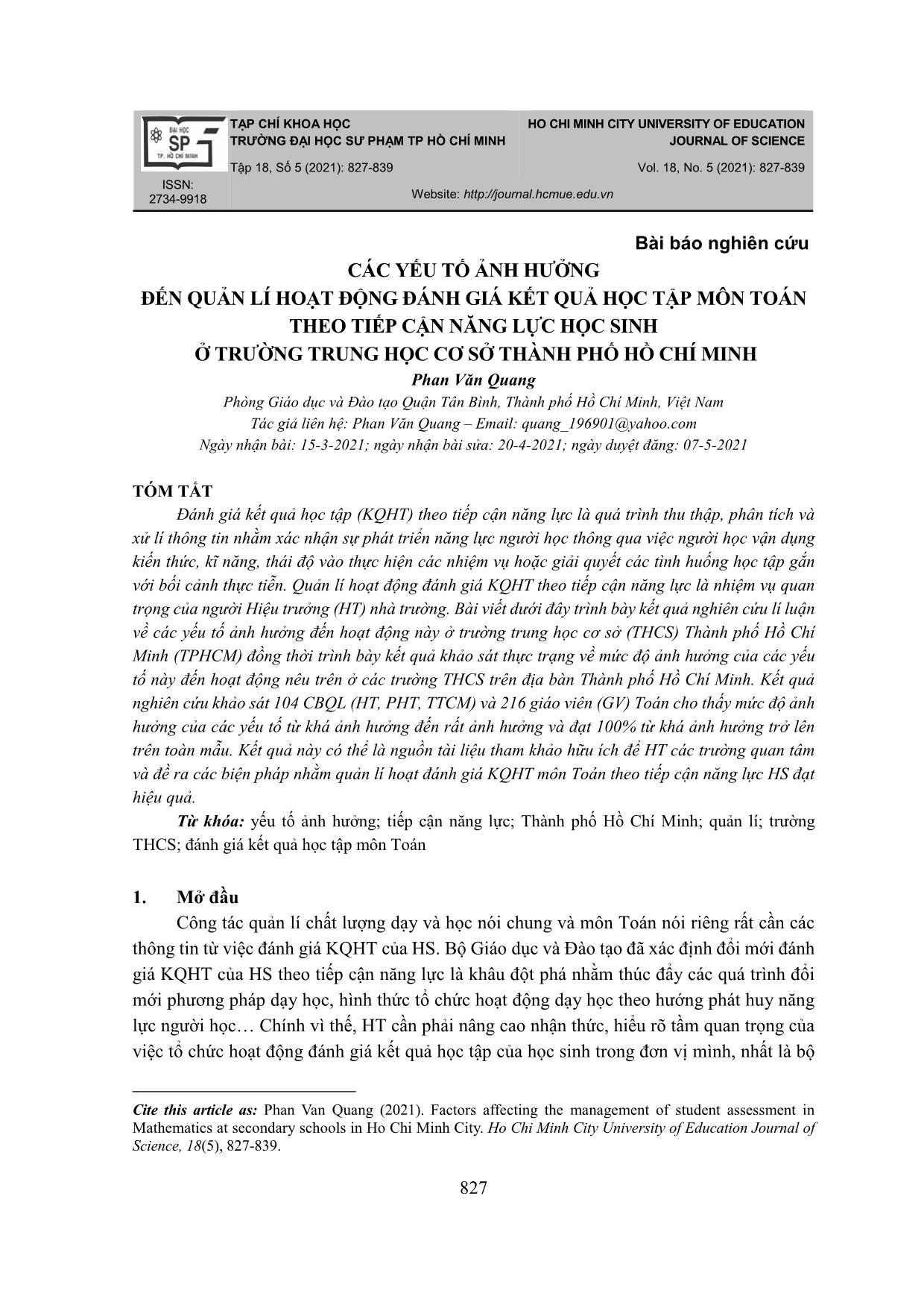 Các yếu tố ảnh hưởng đến quản lí hoạt động đánh giá kết quả học tập môn Toán theo tiếp cận năng lực học sinh ở trường Trung học Cơ sở thành phố Hồ Chí Minh trang 1