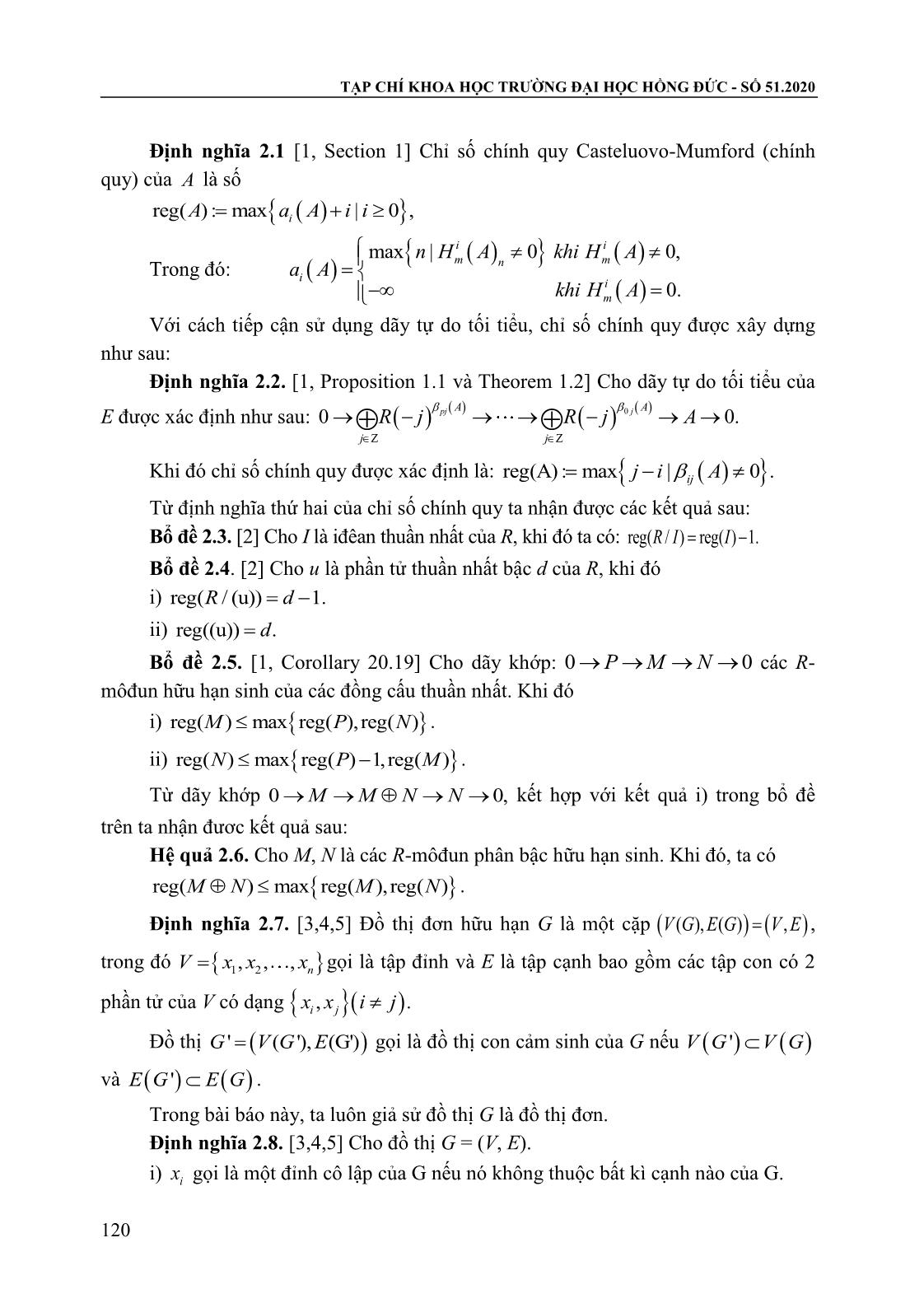 Chỉ số chính quy Castelnouvo-Mumford của Iđêan cạnh và kích thước nhỏ nhất của ghép cặp cực đại của đồ thị đơn trang 2