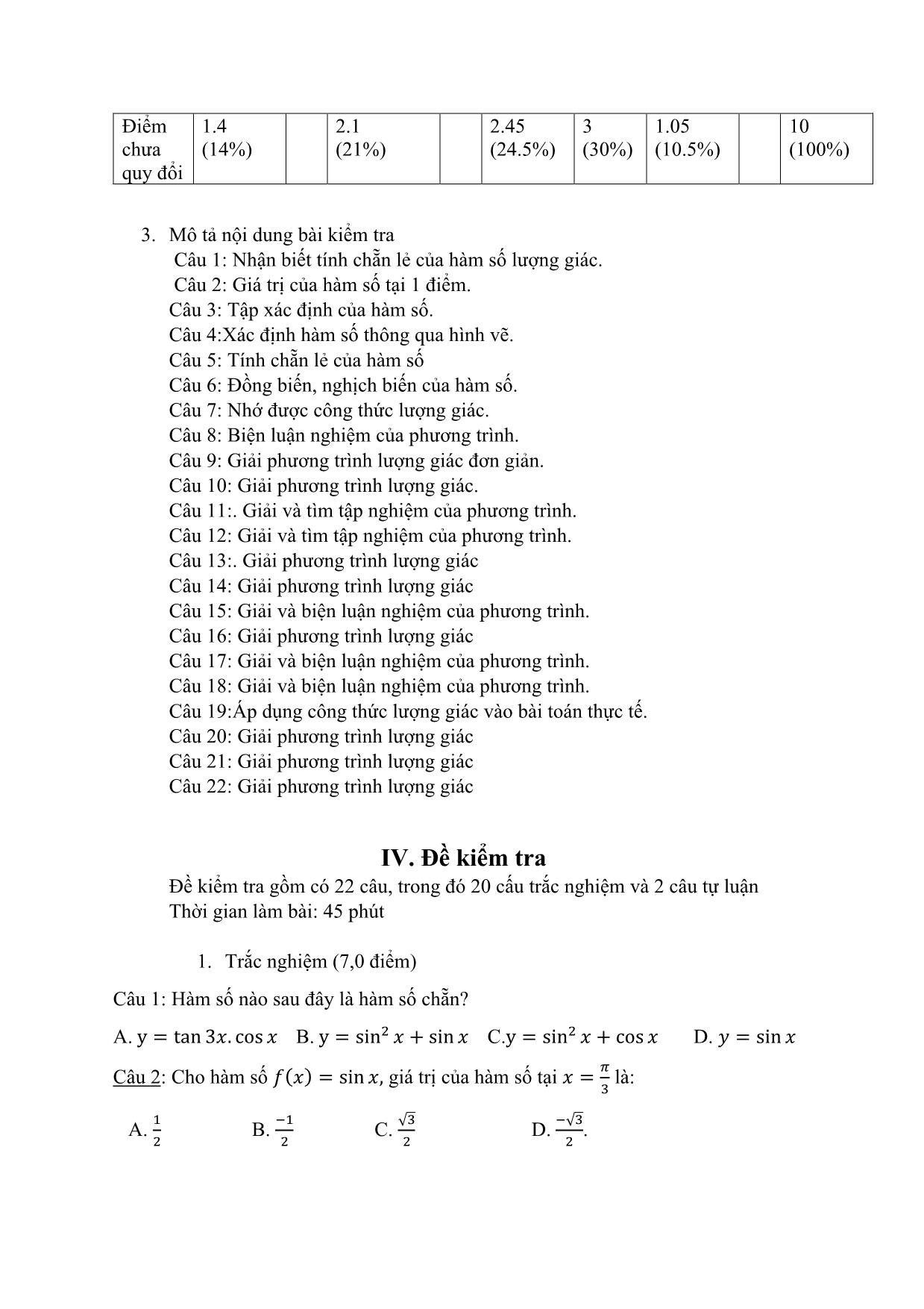 Đề tài Quá trình ra đề kiểm tra 1 tiết chương Hàm số lượng giác và phương trình lượng giác Đại số 11 trang 8