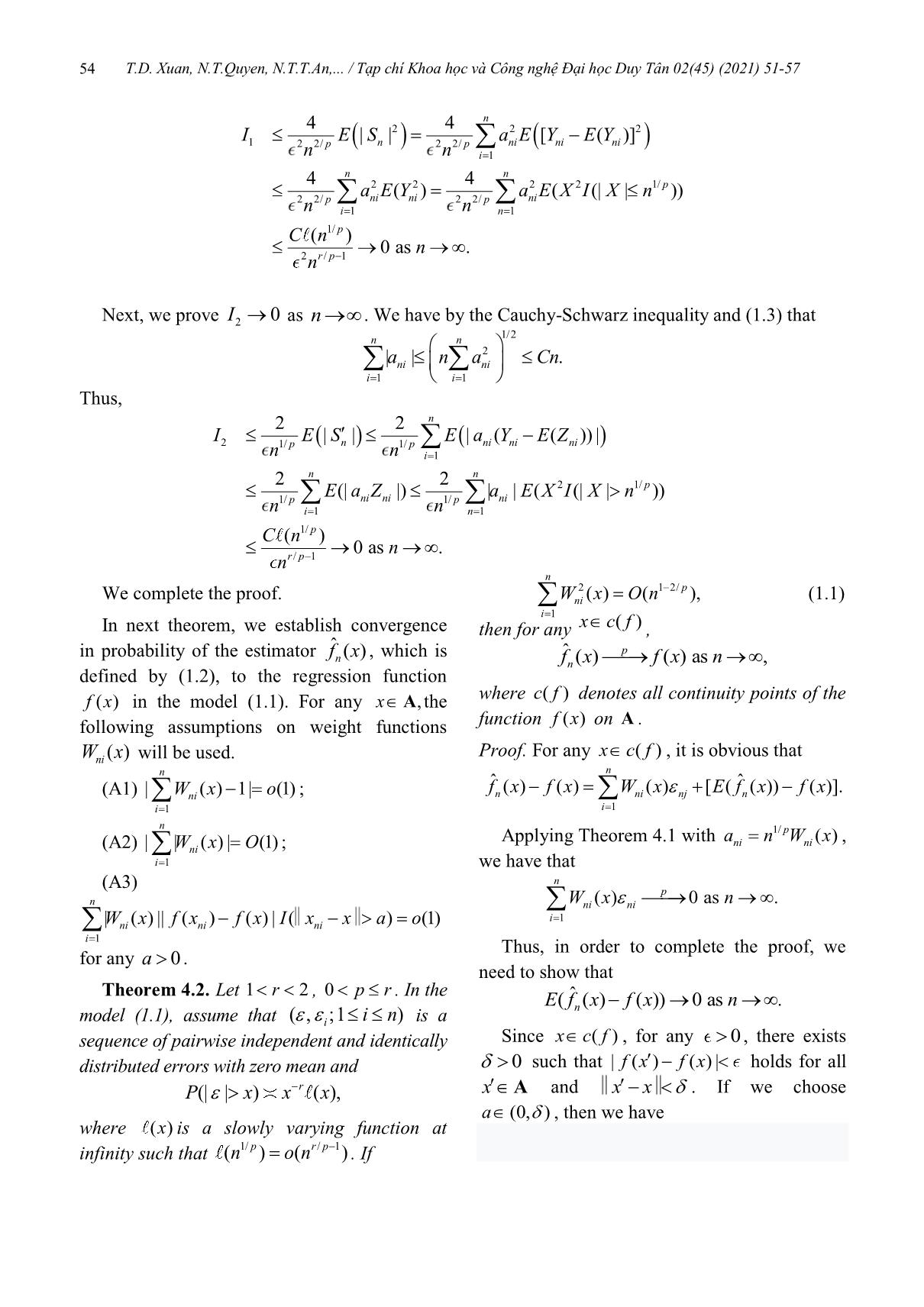 Hội tụ theo xác suất đối với ước lượng mô hình hồi quy phi tham số với sai số ngẫu nhiên độc lập đôi một và có xác suất đuôi nặng trang 4