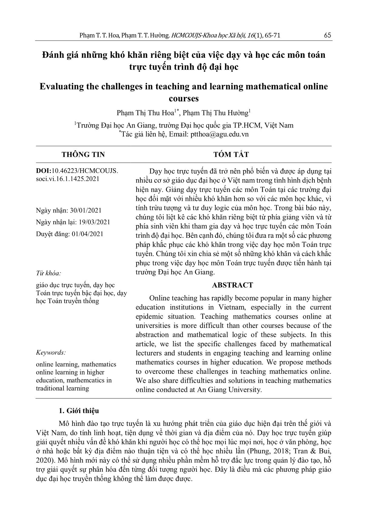 Đánh giá những khó khăn riêng biệt của việc dạy và học các môn toán trực tuyến trình độ đại học trang 1