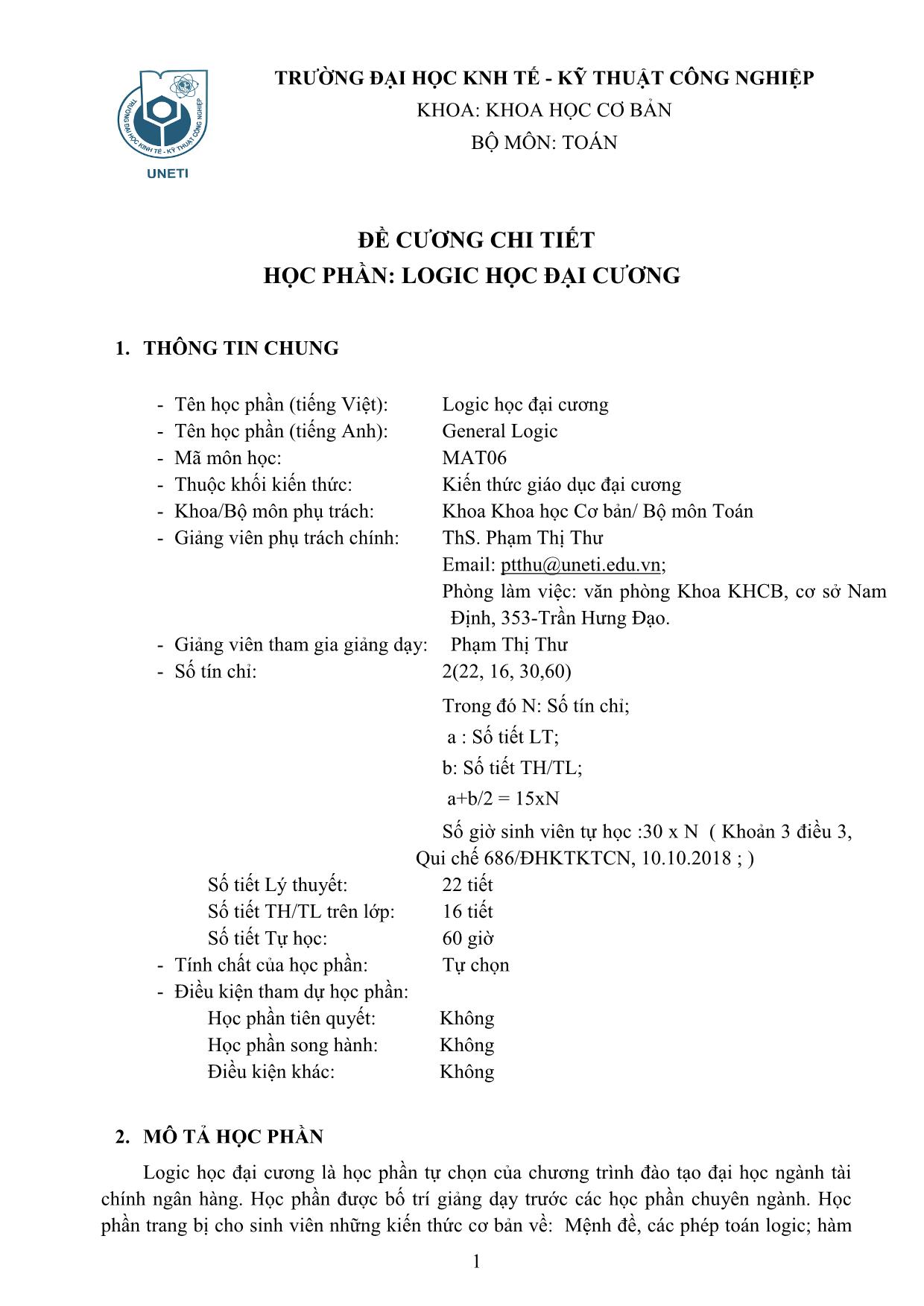 Đề cương chi tiết học phần Logic học đại cương trang 1