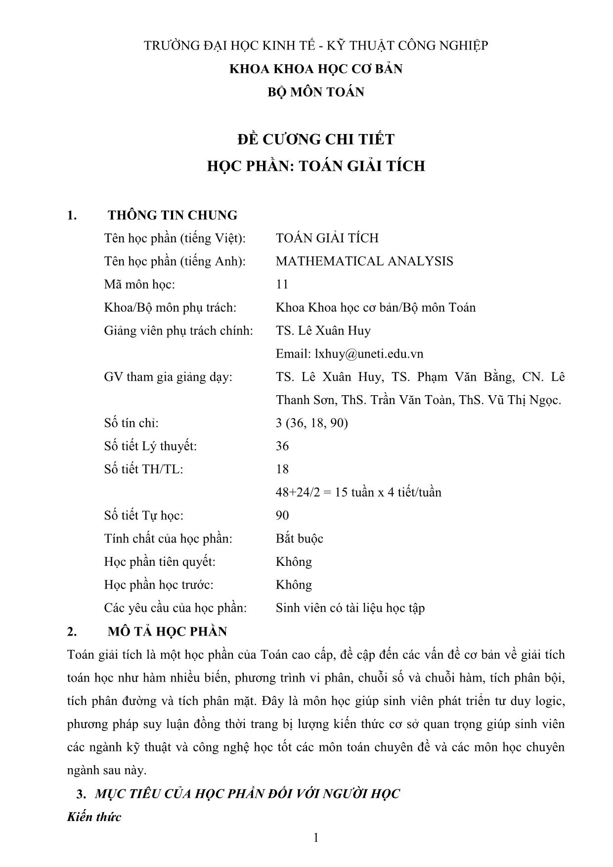 Đề cương chi tiết học phần Toán giải tích trang 1