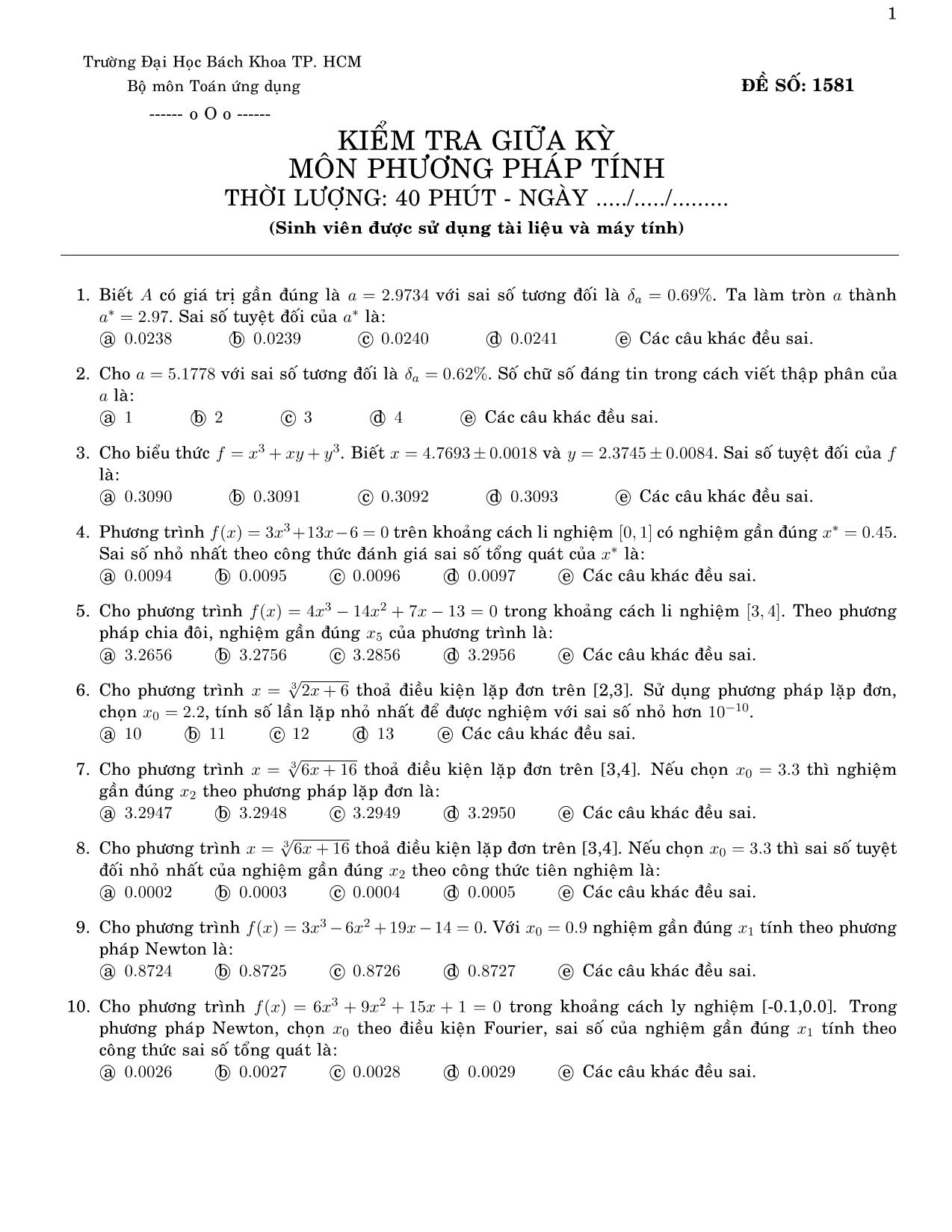 Đề kiểm tra giữa kỳ môn Phương pháp tính - Đề số 1581 - Đại học Bách khoa thành phố Hồ Chí Minh trang 1