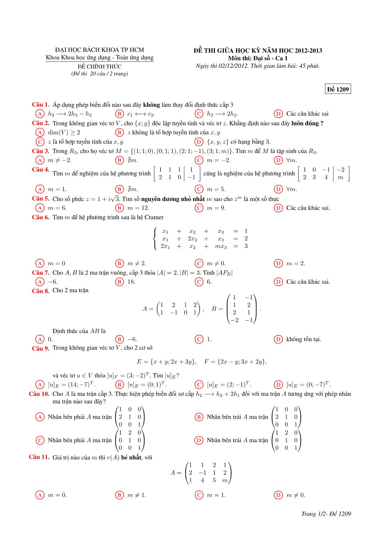 3 Đề thi giữa học kỳ môn Đại số - Ca 1 - Năm học 2012-2013 - Đại học Bách khoa thành phố Hồ Chí Minh (Có đáp án) trang 10