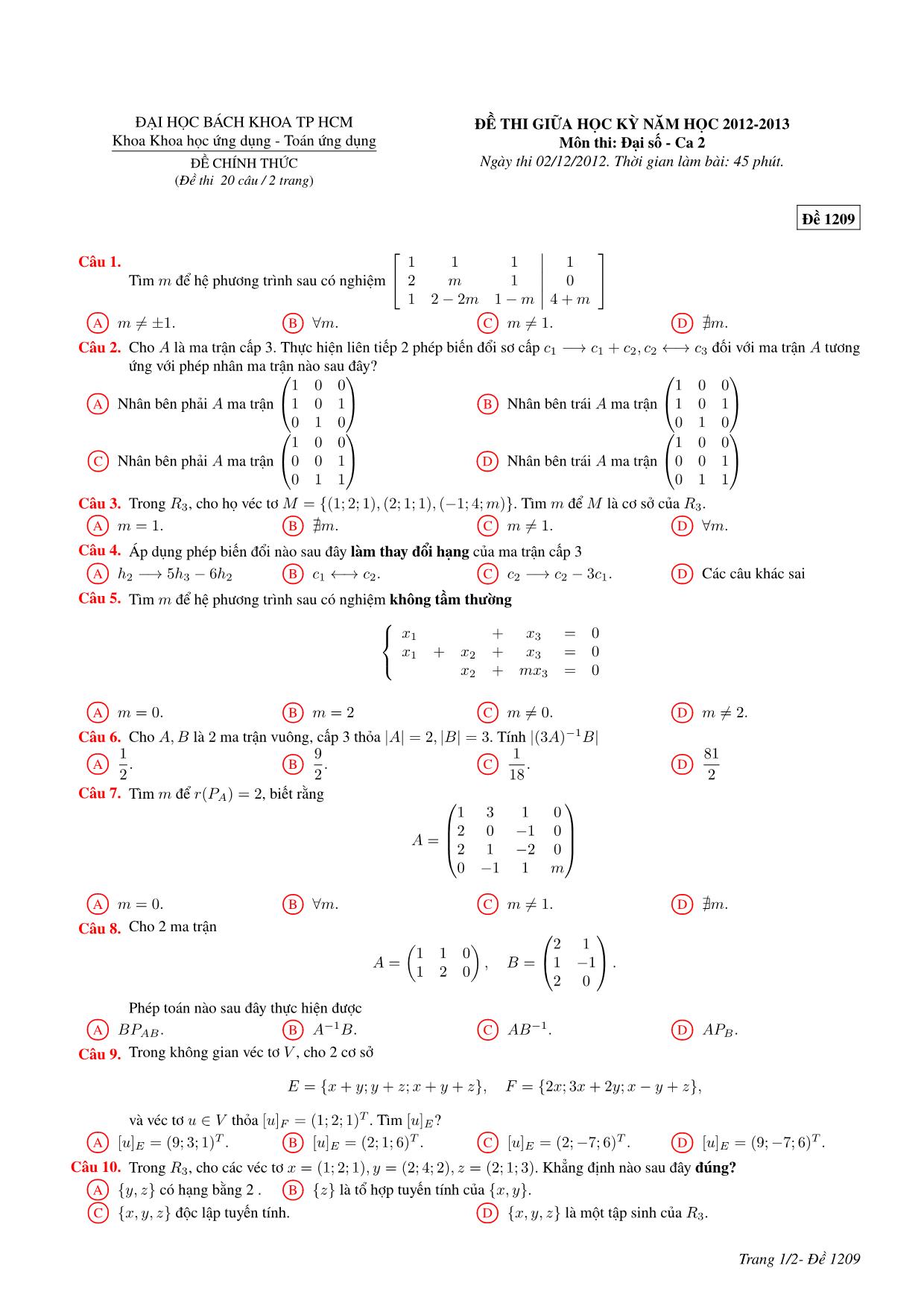 3 Đề thi giữa học kỳ môn Đại số - Ca 2 - Năm học 2012-2013 - Đại học Bách khoa thành phố Hồ Chí Minh (Có đáp án) trang 10